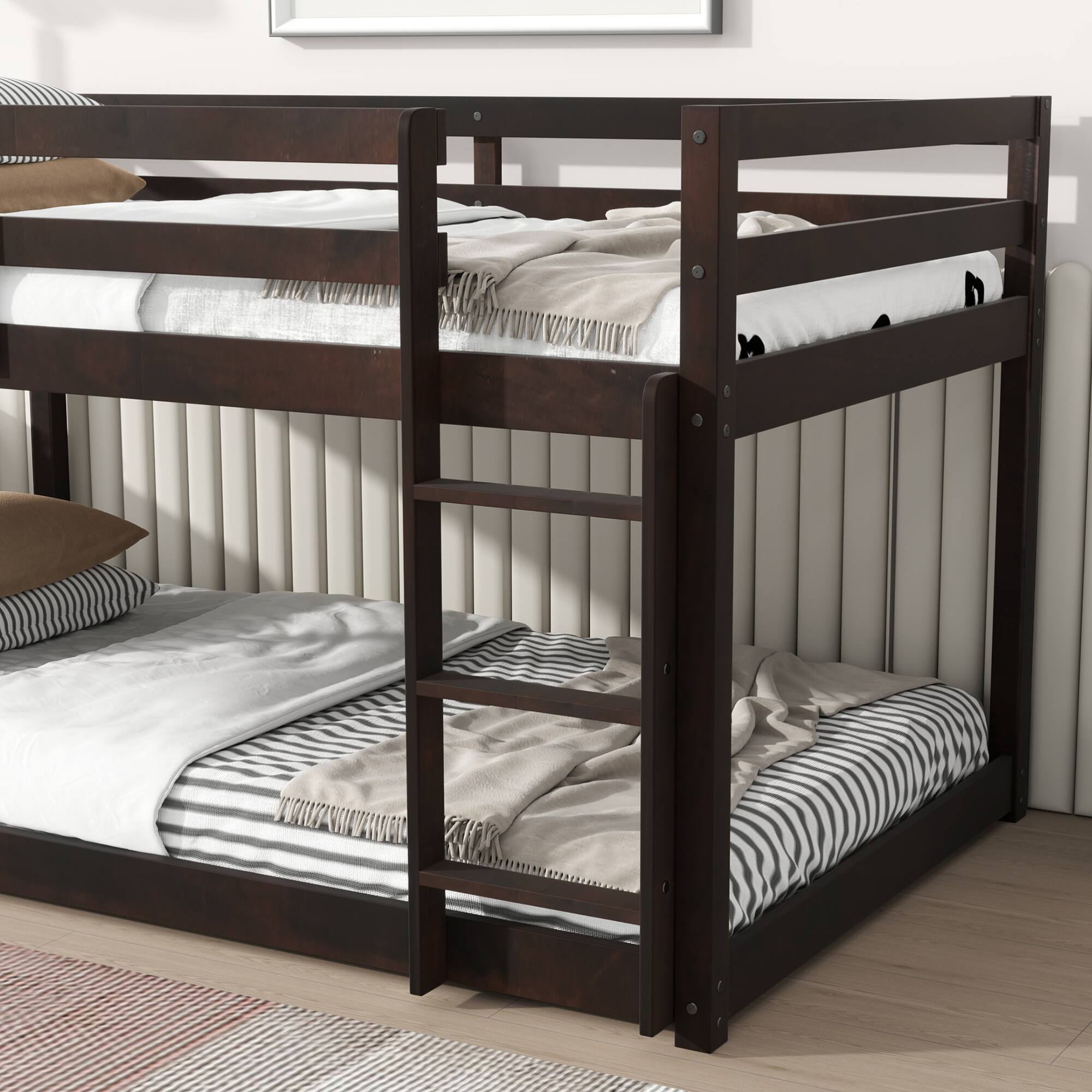 Alt View 9. GOODSILO - Solid Wood Twin Over Twin Floor Bunk Bed with Ladder and Strengthened Slats for Enhanced Stability - Espresso.