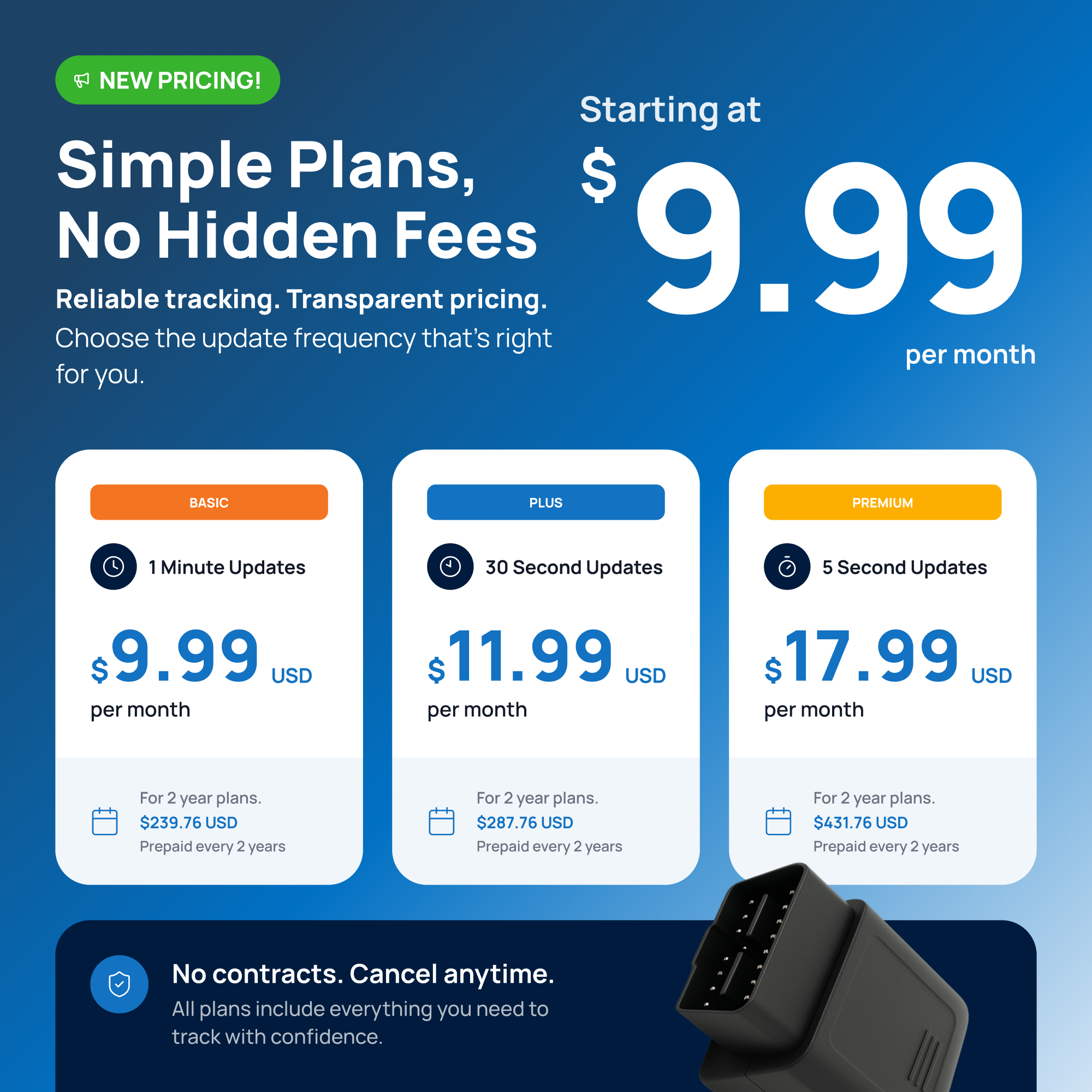 NEW PRICING!  
Simple Plans, No Hidden Fees  
Starting at $9.99 per month  

Reliable tracking. Transparent pricing.  
Choose the update frequency that's right for you.  

BASIC  
1 Minute Updates  
$9.99 USD per month  
For 2 year plans. $239.76 USD Prepaid every 2 years  

PLUS  
30 Second Updates  
$11.99 USD per month  
For 2 year plans. $287.76 USD Prepaid every 2 years  

PREMIUM  
5 Second Updates  
$17.99 USD per month  
For 2 year plans. $431.76 USD Prepaid every 2 years  

No contracts. Cancel anytime.  
All plans include everything you need to track with confidence.
