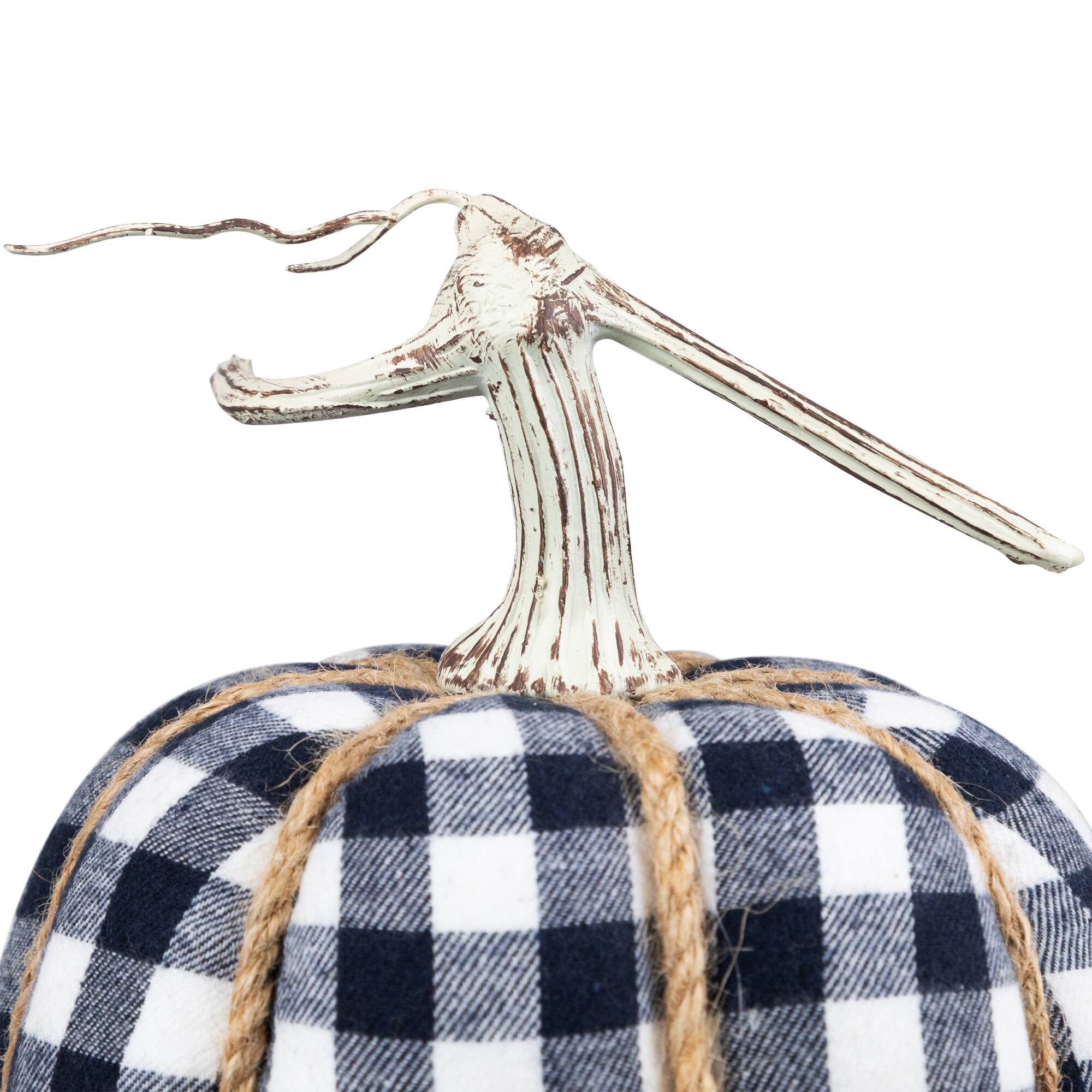 Alt View 6. Northlight - Buffalo Plaid Fall Harvest Pumpkin with Weathered Stem - 7.75" - Blue - Blue.