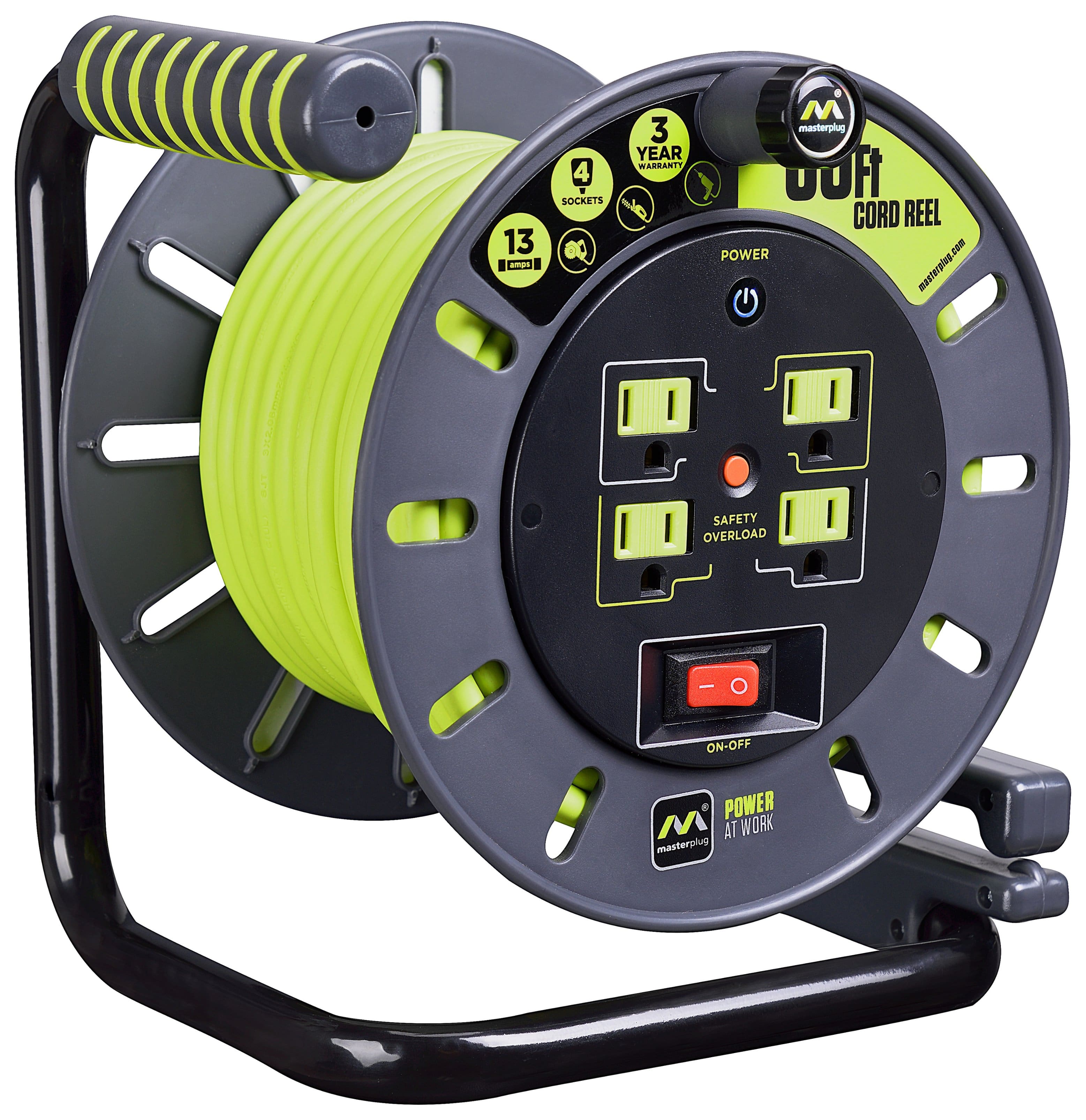 Front. Masterplug - 60Ft 4 Sockets 13A 14AWG Medium Open Cable Reel - Green & Grey.