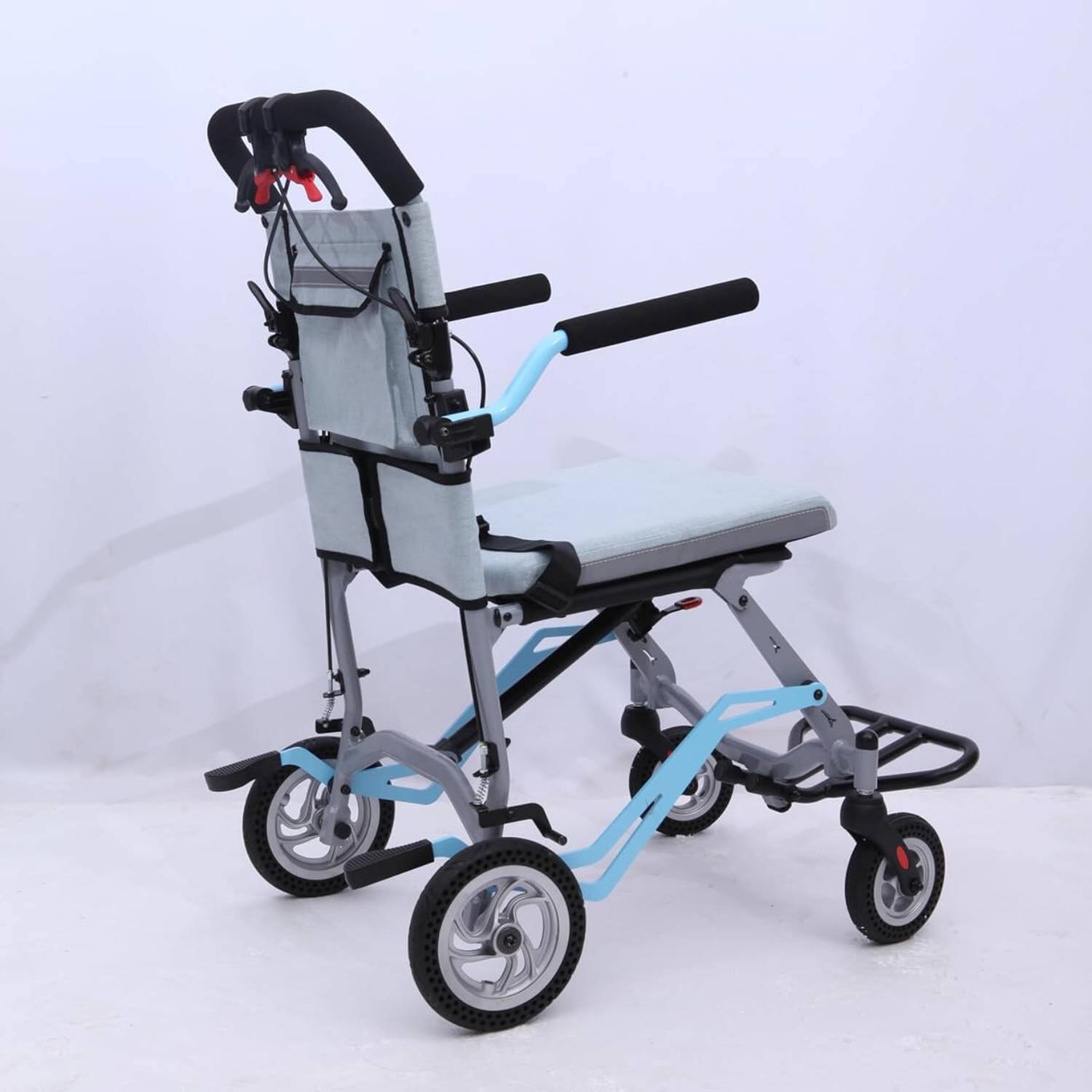 Left. Acekool - Ultra Lightweight Portable Folding Transport Wheelchair with Locking Handbrake - Grey+Blue.