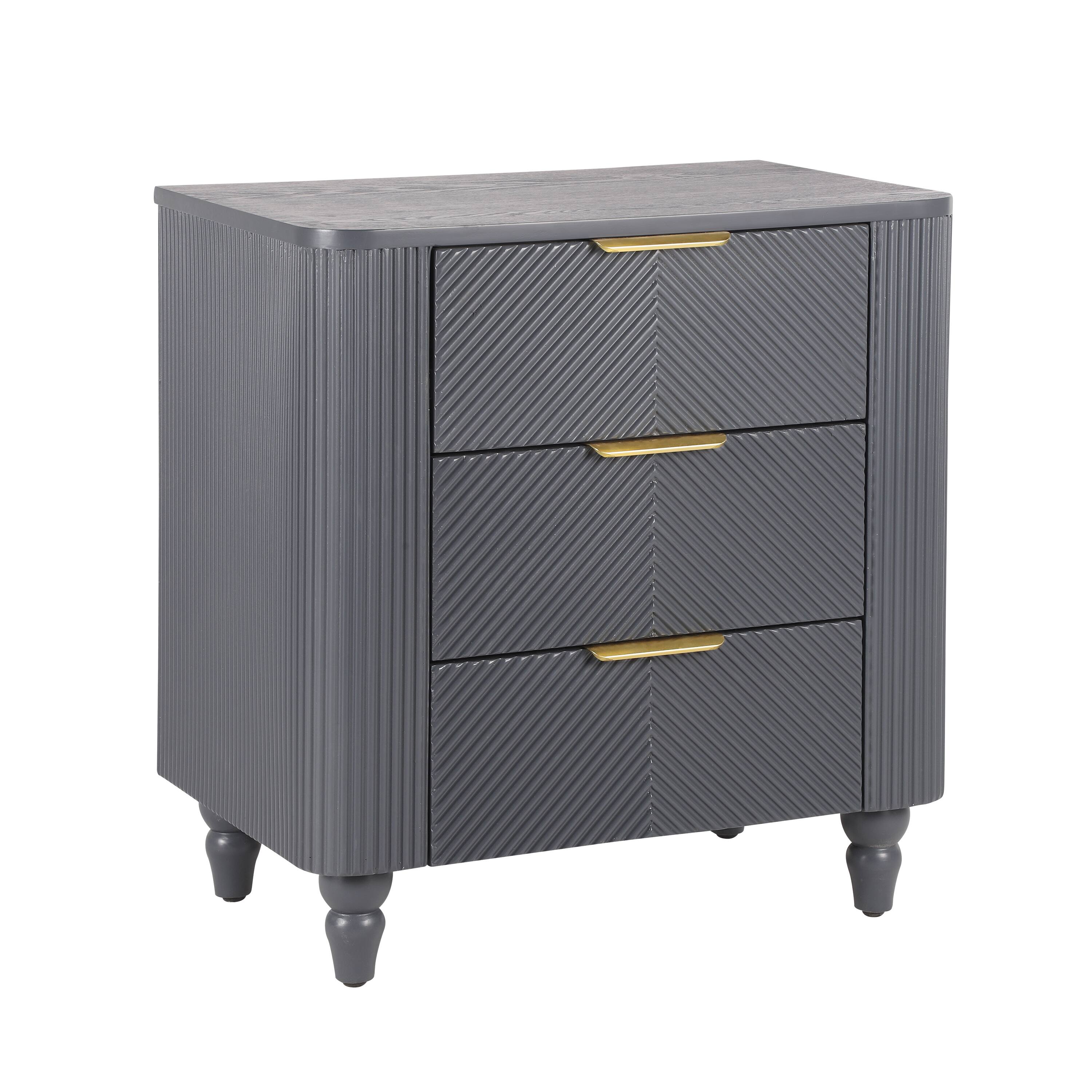 Left. Whisen - Mid-Century Fluted 3-Drawer Nightstand,Bedside Table with Curved Profile and Gold Glossy Handles - Dark Gray.