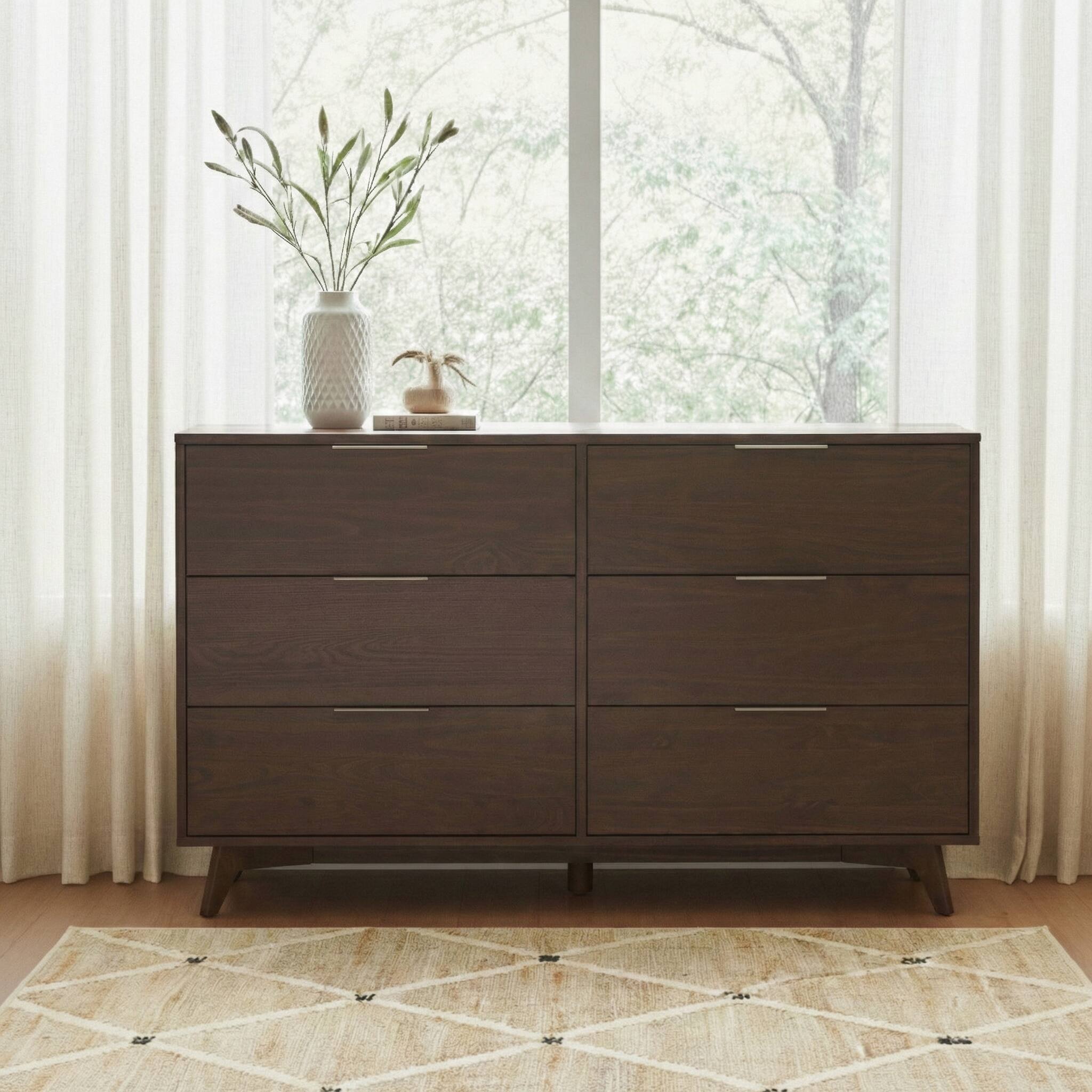 Alt View 1. Plank+Beam - Haven 6 Drawer Dresser with Brass Handle, Walnut - Walnut.