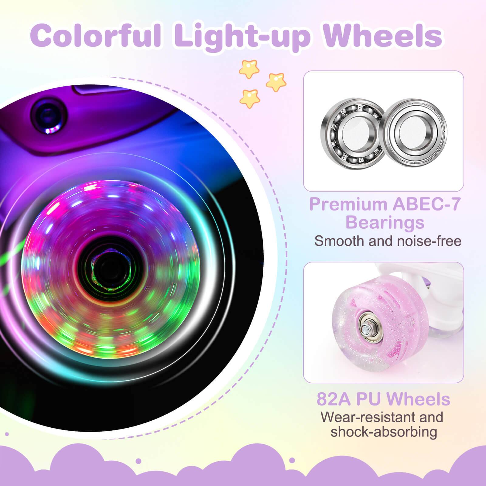 Colorful Light-up Wheels

Premium ABEC-7 Bearings  
Smooth and noise-free

82A PU Wheels  
Wear-resistant and shock-absorbing