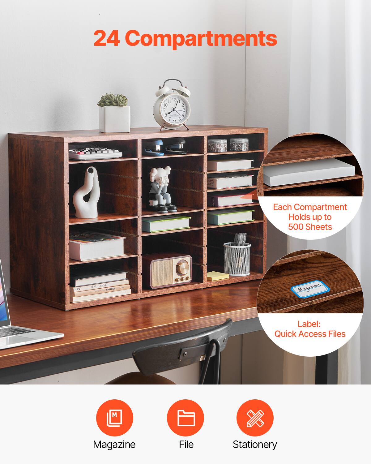 24 Compartments

Each Compartment Holds up to 500 Sheets

Label: Quick Access Files

Magazine
File
Stationery