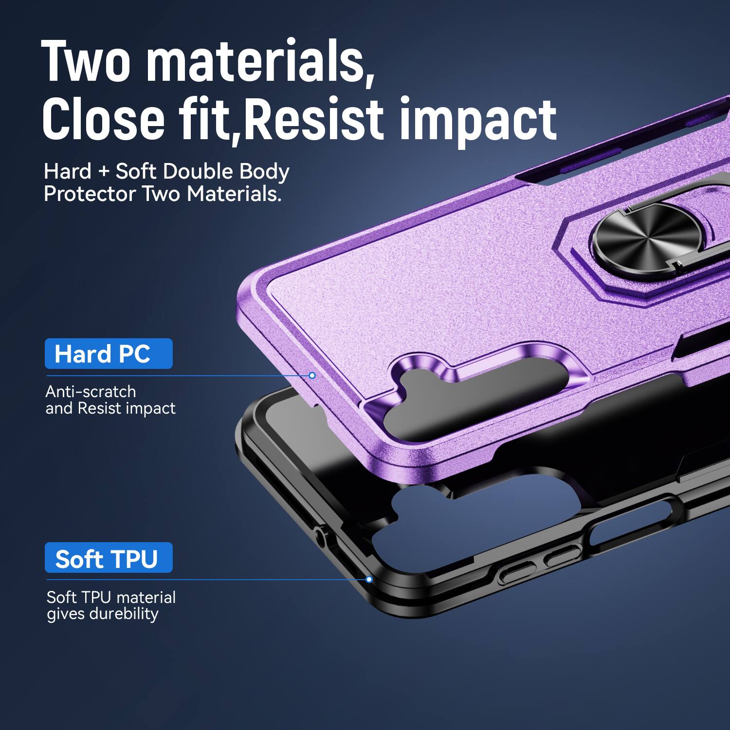 Two materials, Close fit, Resist impact  
Hard + Soft Double Body Protector Two Materials.  

Hard PC  
Anti-scratch and Resist impact  

Soft TPU  
Soft TPU material gives durability