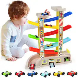 Vulpecula Spade - Montessori Toys for 2 3 Year Old Boys Toddlers, Car Ramp Toys with 6 Cars & Race Tracks, Garages and Parking Lots, Ramp