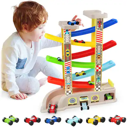 Front. DORLUKFU - Montessori Toys for 2 3 Year Old Boys Toddlers, Car Ramp Toys with 6 Cars & Race Tracks, Garages and Parking Lots, Ramp.