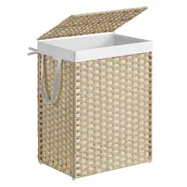 Songmics Home - Laundry Hamper with Lid, 23.8 Gallon (90 L) Synthetic Rattan Clothes Laundry Basket with Lid and Handles, Foldable - Summer Sand