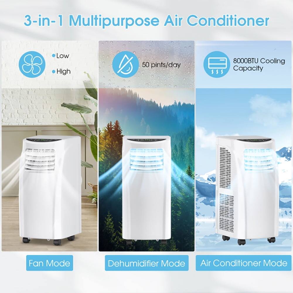 3-in-1 Multipurpose Air Conditioner

- Low
- High

50 pints/day

8000BTU Cooling Capacity

Fan Mode
Dehumidifier Mode
Air Conditioner Mode