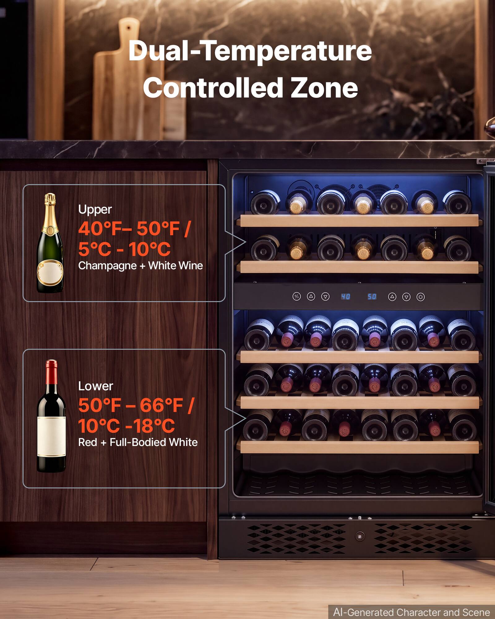 Dual-Temperature Controlled Zone

Upper
40°F - 50°F / 5°C - 10°C
Champagne + White Wine

Lower
50°F - 66°F / 10°C - 18°C
Red + Full-Bodied White

AI-Generated Character and Scene