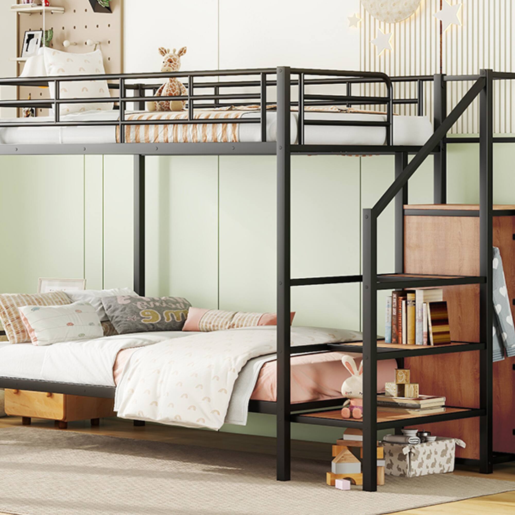 Alt View 10. GOODSILO - Contemporary Twin Over Twin Metal Bunk Bed with Integrated Storage Ladder and Wardrobe - Black.