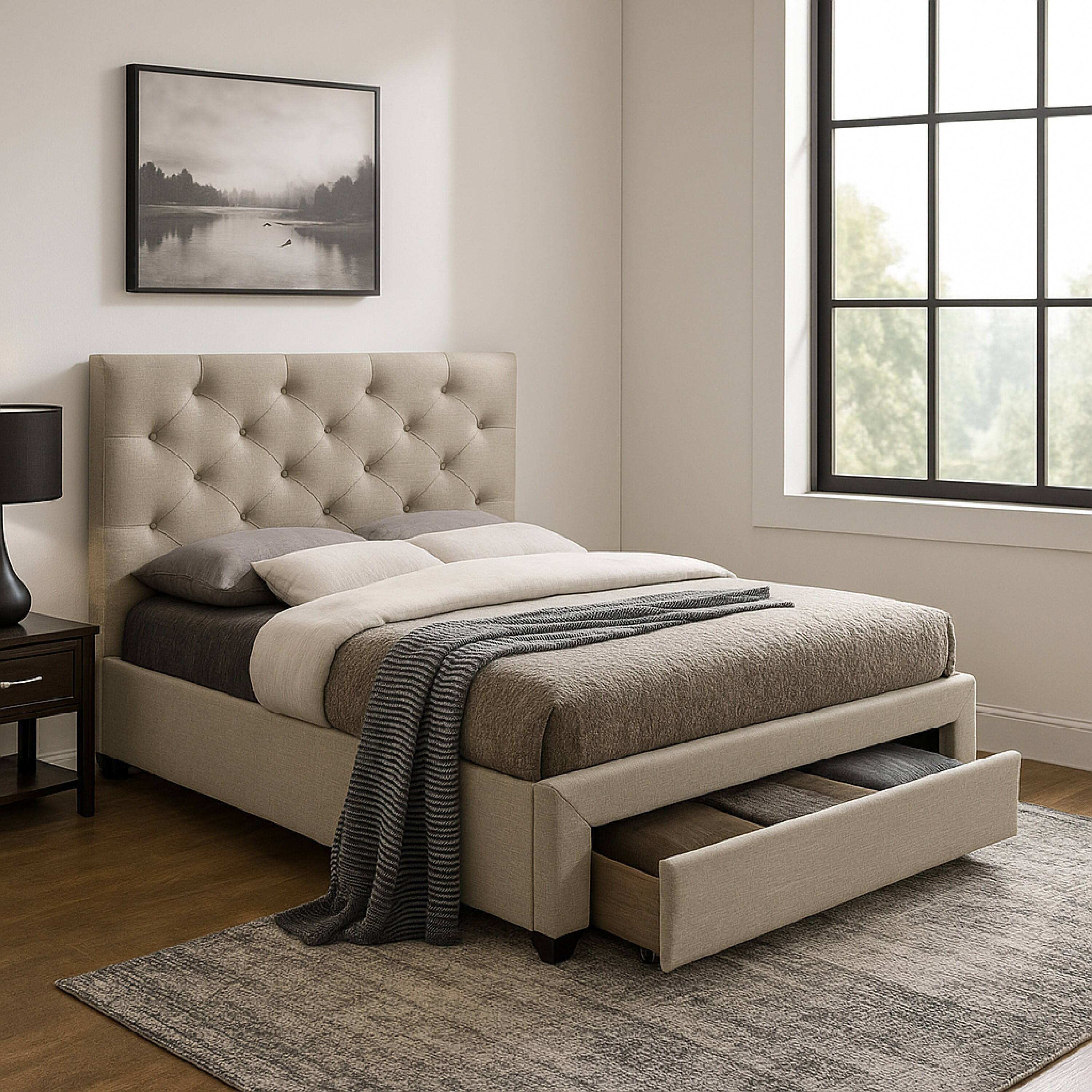 Alt View 5. Manhattan Lane - Sya Twin Size Bed w Button Tufted Upholstery, Underbed Storage - Beige.