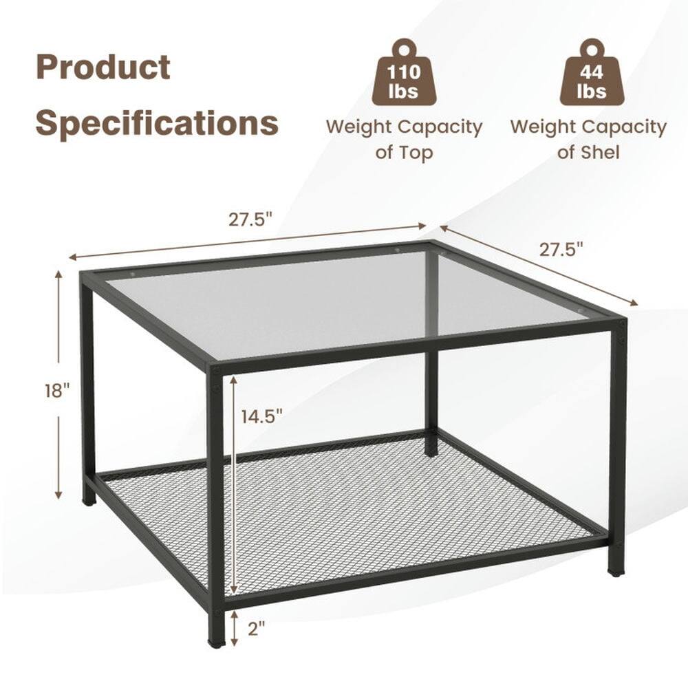 Product Specifications  
Weight Capacity: 110 lbs  
Weight Capacity of Top: 44 lbs  
Dimensions:  
- Length: 27.5"  
- Width: 27.5"  
- Height: 18"  
- Shelf Height: 14.5"  
- Leg Thickness: 2"