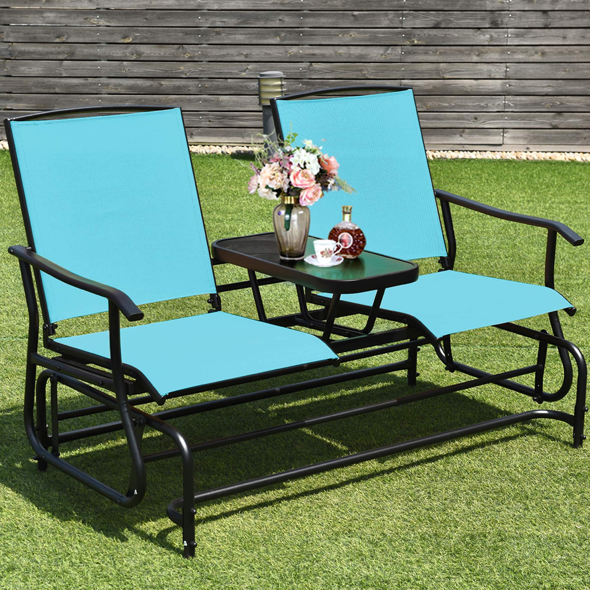 Gymax - Patio 2-Person Glider Rocking Char Loveseat Garden w/ Tempered Glass Table Turquoise - as pic price history on PriceWatchPro
