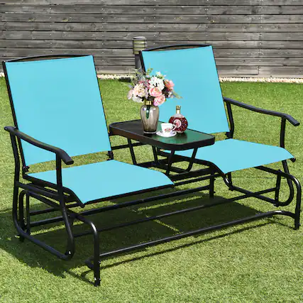 Front. Gymax - Gymax Patio 2-Person Glider Rocking Char Loveseat Garden w/ Tempered Glass Table Turquoise - as pic.