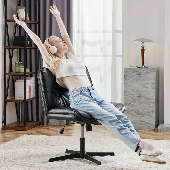 Angle. AOITUN - Armless Office Chair without Wheels - Adjustable Swivel, Cross Legged Design, Wide Seat, Ergonomic PU Leather, Black - Black.