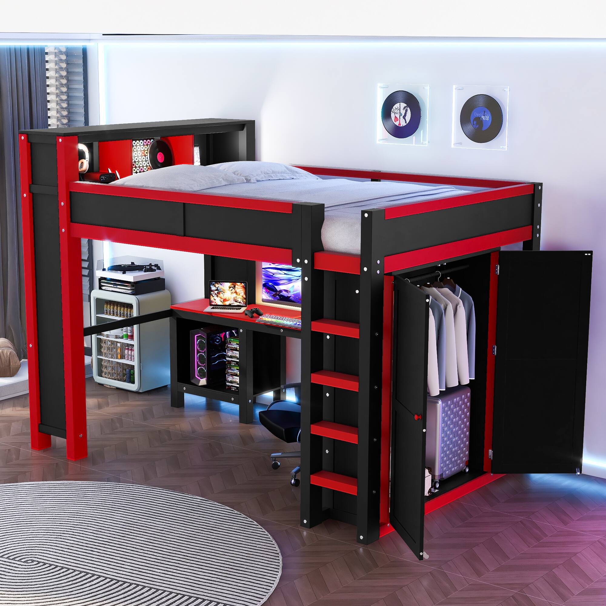 Left. Whisen - Queen Gaming Loft Bed with Desk, Wardrobe, and Storage Headboard, Space-Saving Workstation - Red|Black.