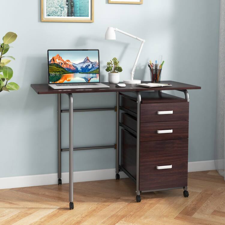 Angle. SlickBlue - Laptop Desk with Wheels & 3 Drawers – Folding Workstation for Home Office or Study - Brown.