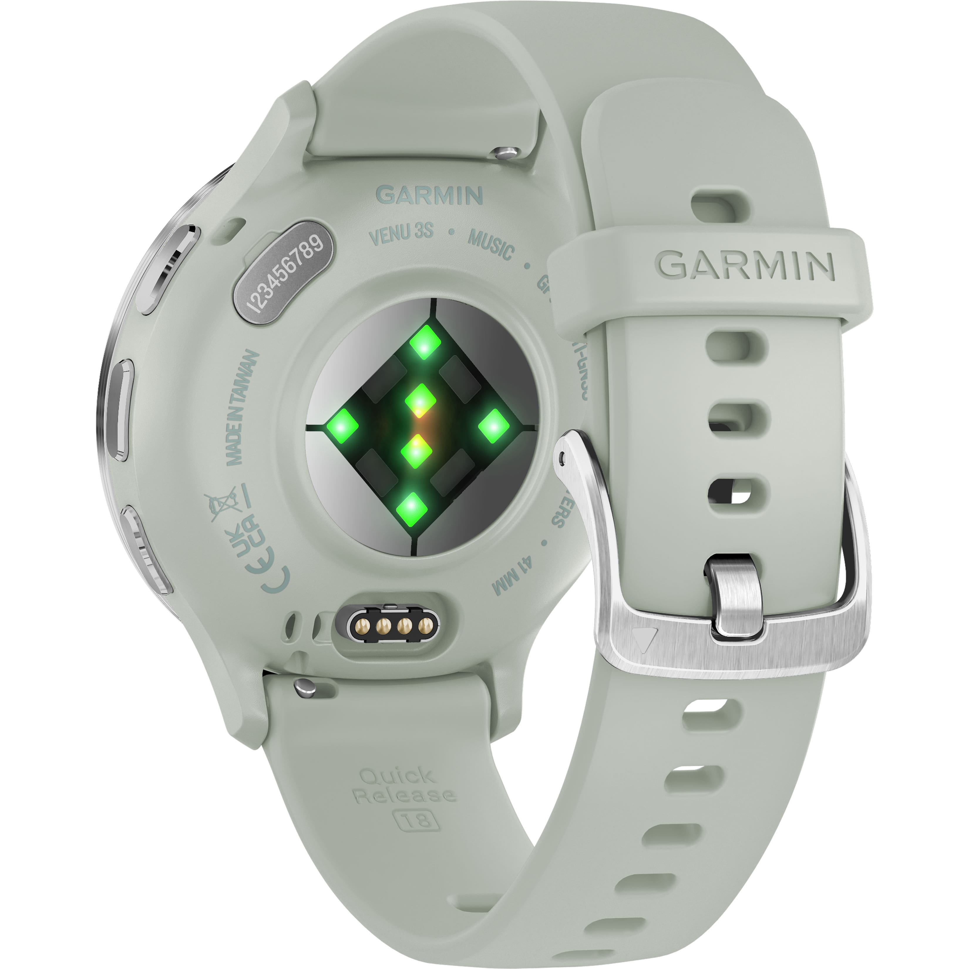 Garmin Venu 3S Music watch with a green face. The watch is made in Taiwan and has a quick release strap.
