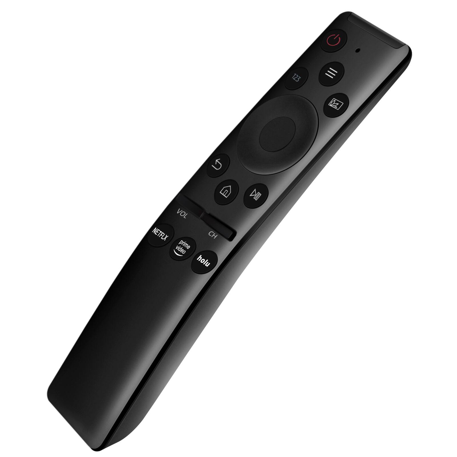 Sure, here is the corrected and grouped text from the image:

- VOL
- NETFLY
- prime video
- CH
- hulu
- 123
- (TV icon)
- (Play/Pause icon)
- (Volume up icon)
- (Volume down icon)
- (Arrow up icon)
- (Arrow down icon)
- (Arrow left icon)
- (Arrow right icon)
- (Home icon)
- (Settings icon)
- (Power icon)