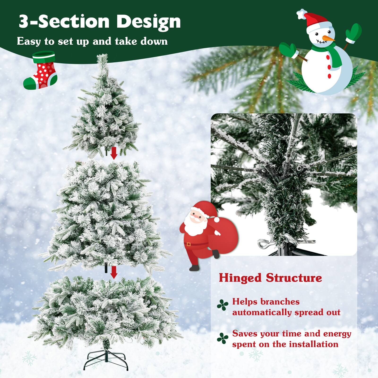 3-Section Design  
Easy to set up and take down  

Hinged Structure  
Helps branches automatically spread out  
Saves your time and energy spent on the installation