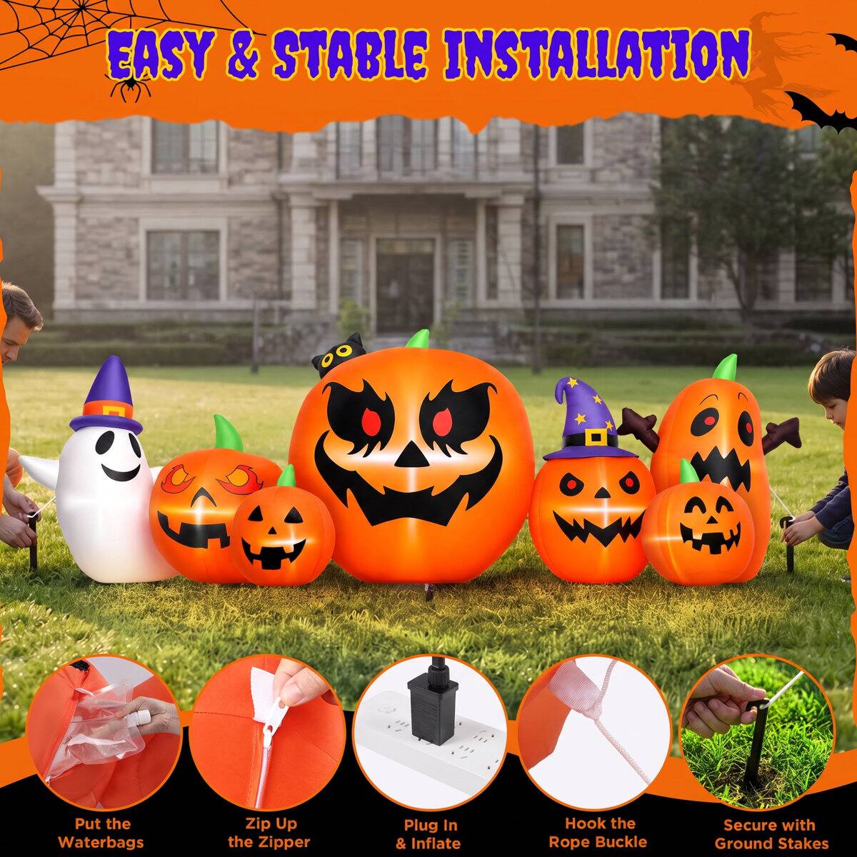 EASY & STABLE INSTALLATION

- Put the Waterbags
- Zip Up the Zipper
- Plug In & Inflate
- Hook the Rope Buckle
- Secure with Ground Stakes