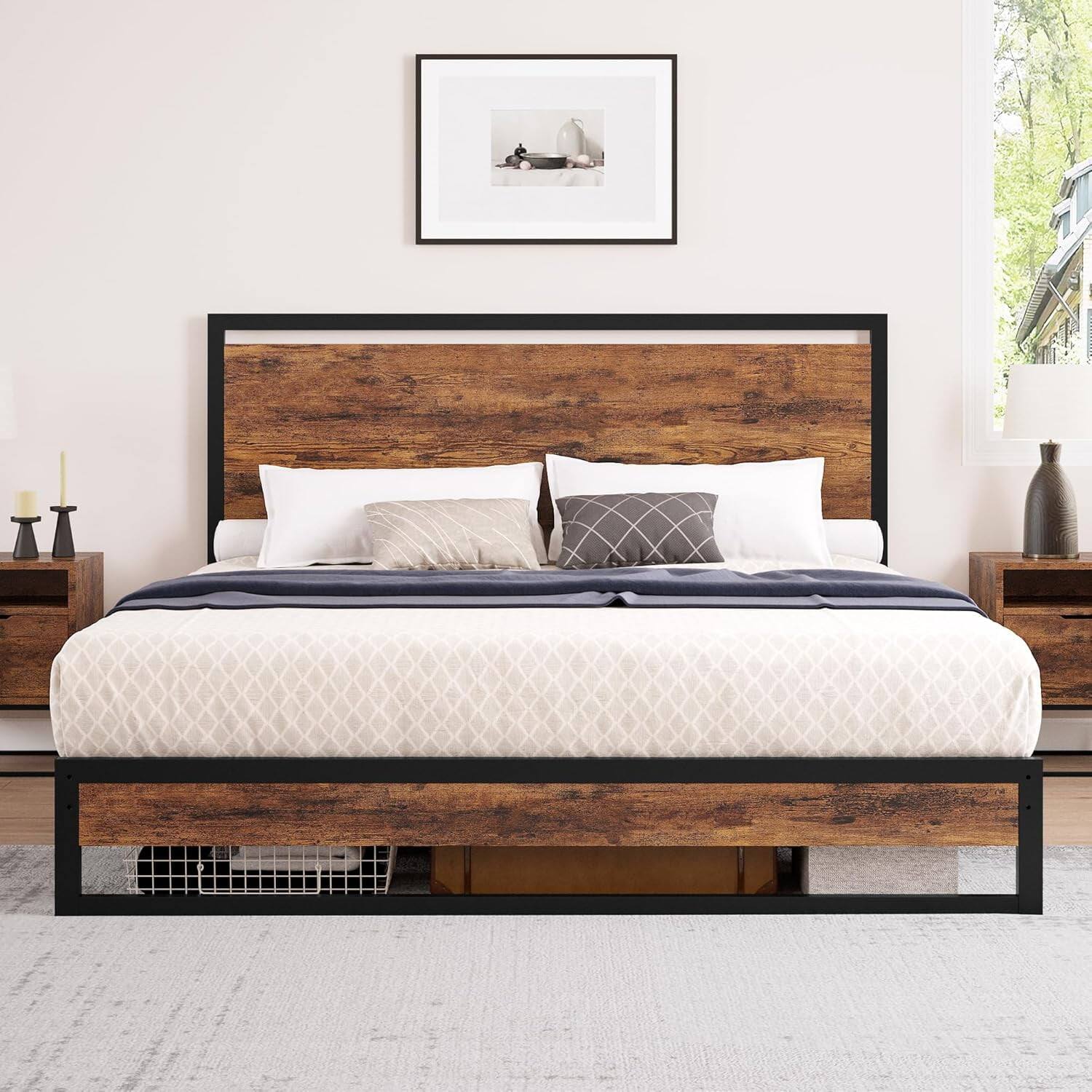 Front. Homhougo - King Industrial Metal Bed Frame, 12” Storage, Noise-Free – Durable Practical Design with Storage - Rustic Brown.