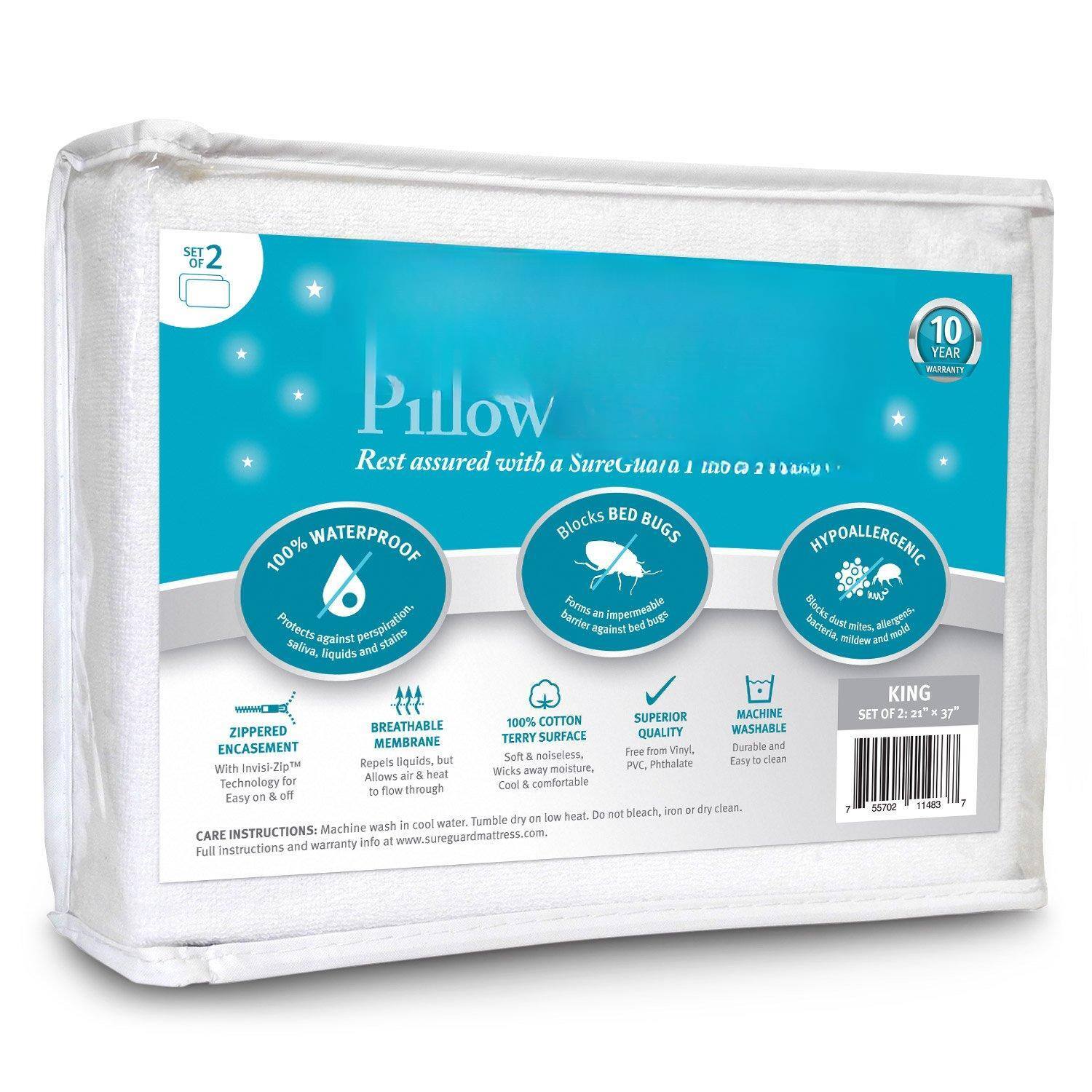 Fabibe - Set Of 2 Standard Size Sureguard Pillow Protectors - Waterproof Bed Proof Zippered Cotton Terry Covers Premium Cotton - King-Smooth Cotton