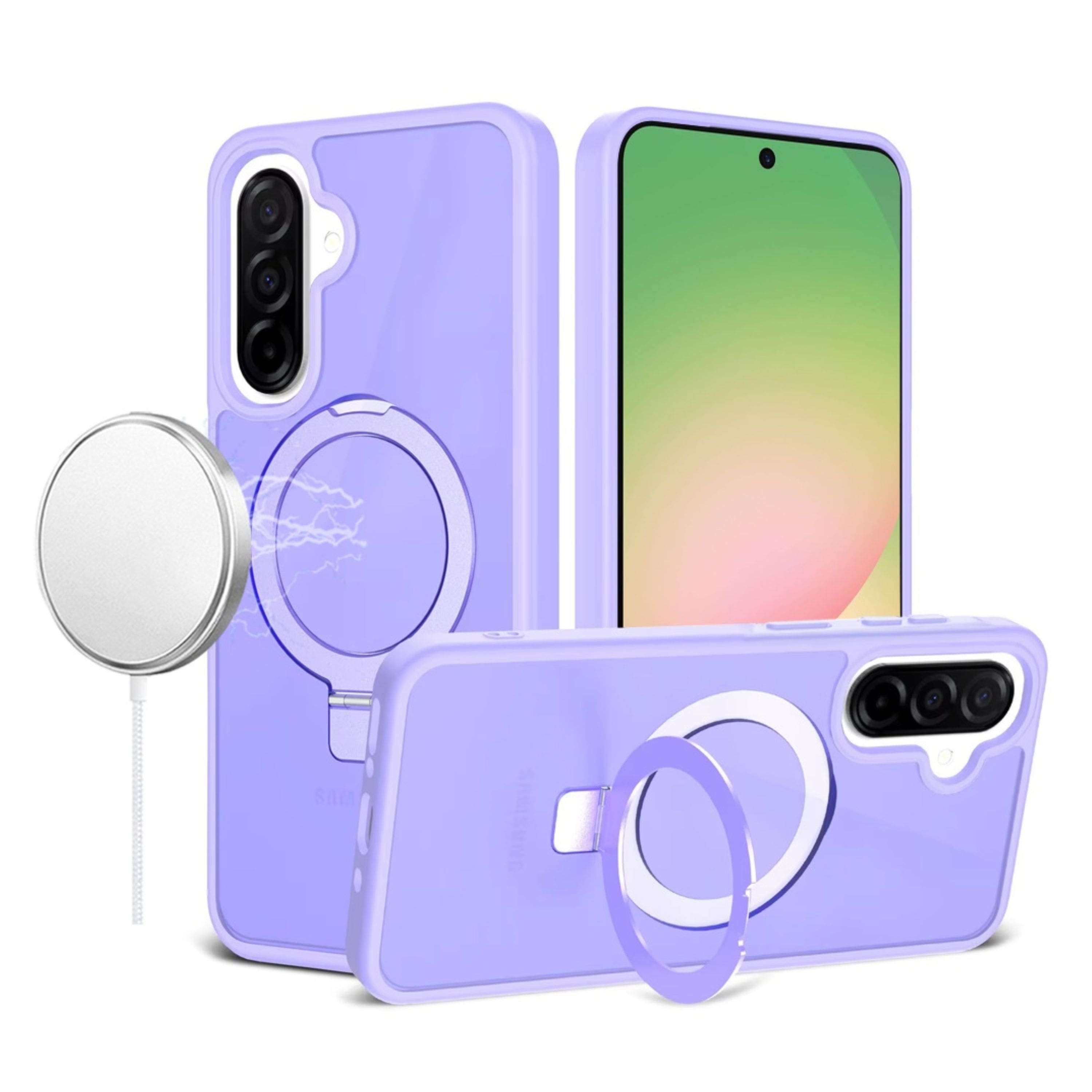 Kitcheniva - Rugged Metal Circle Ring Stand Phone Case With Tempered Glass For Samsung Galaxy A57 5G - Light Purple