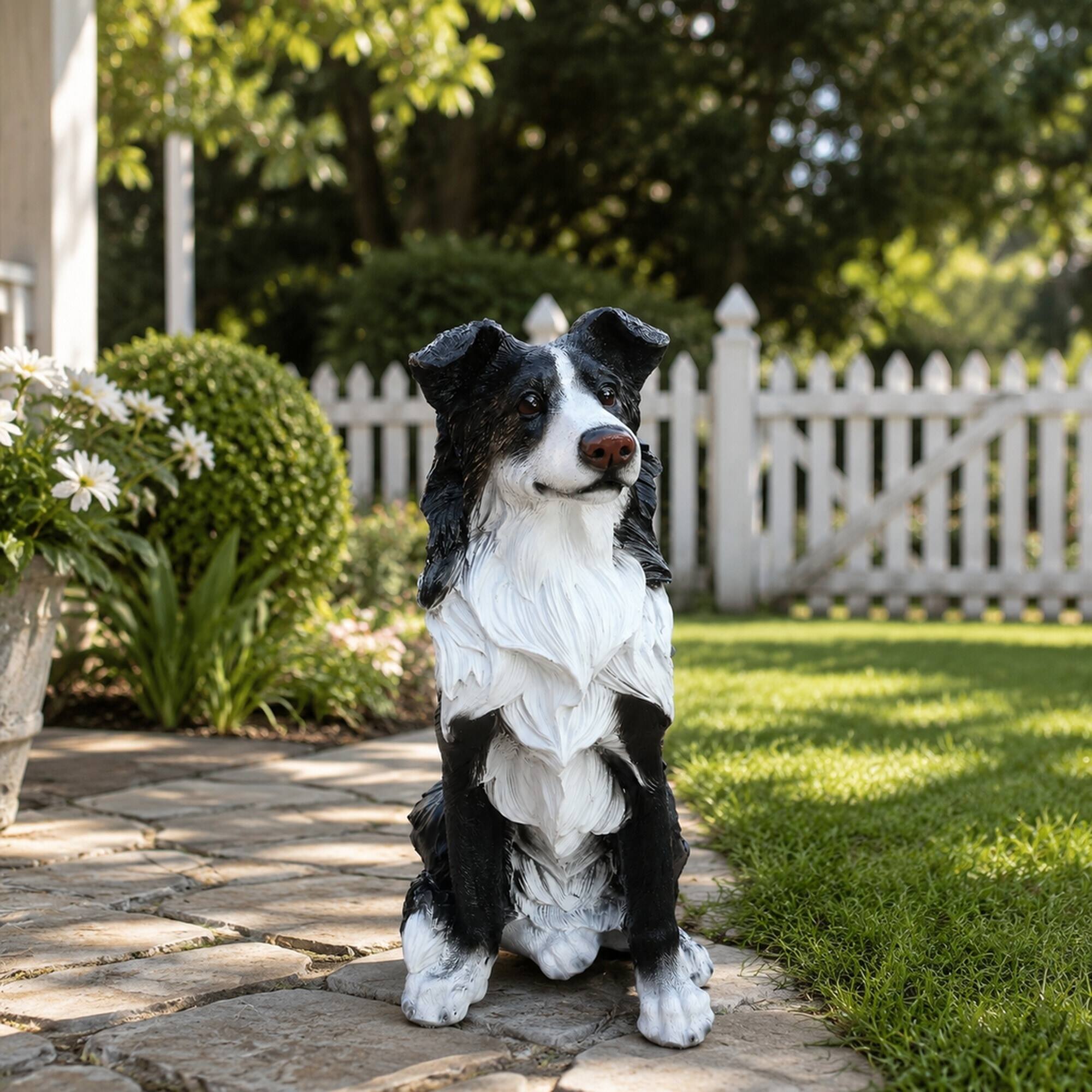 Back. RYHNUYNE - Lifelike Border Collie Dog Statue for Garden and Patio Decor, Hand-Painted Resin Puppy Sculpture Welcome Accent - Black.
