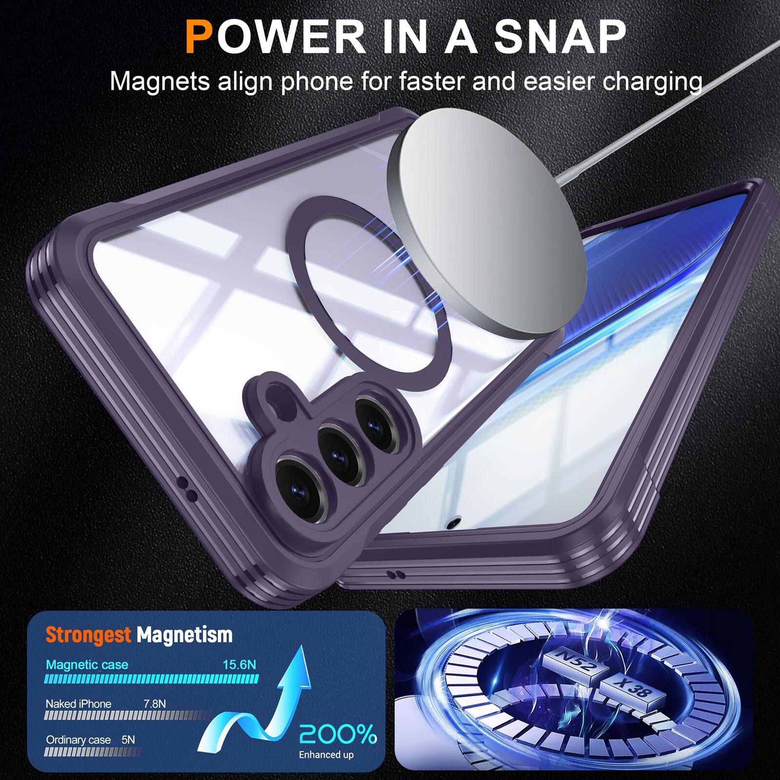 POWER IN A SNAP  
Magnets align phone for faster and easier charging  

Strongest Magnetism  
Magnetic case 15.6N  
Naked iPhone 7.8N  
Ordinary case 5N  

200% Enhanced up  
N52 X38