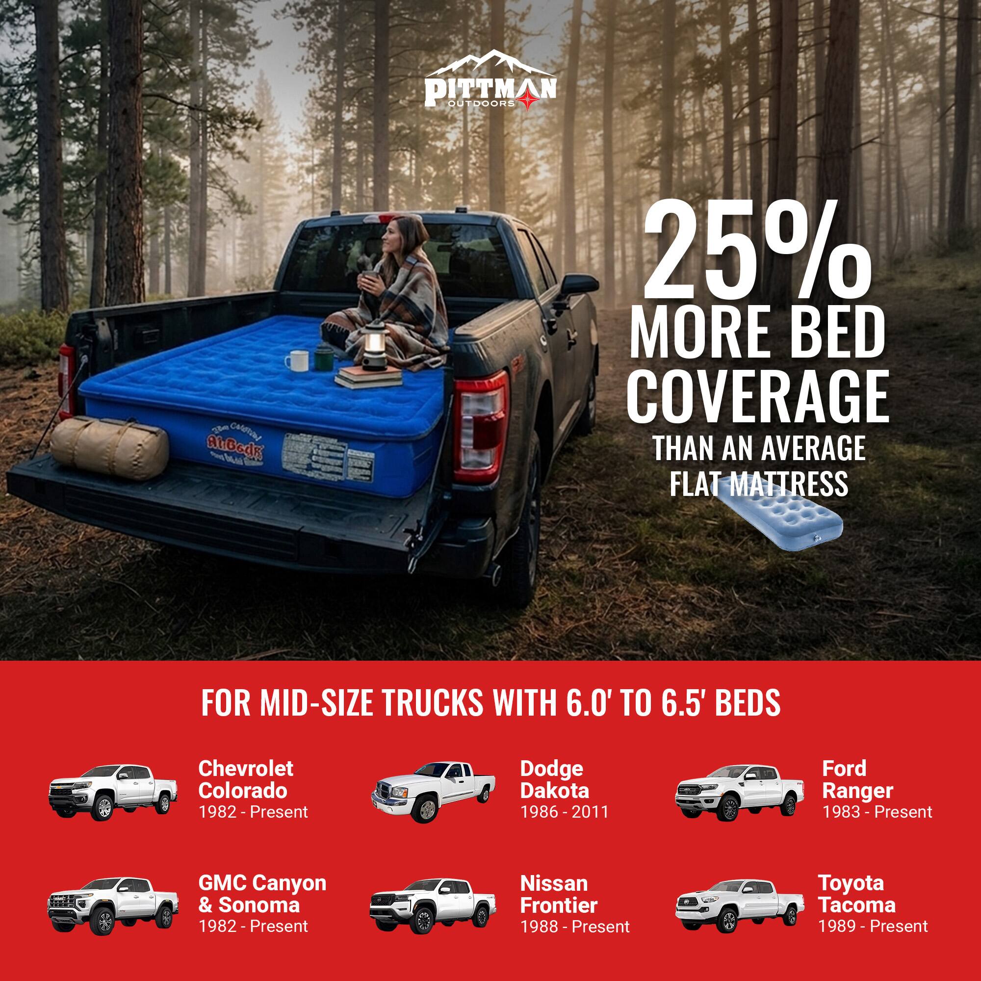 PITTMAN OUTDOORS

25% MORE BED COVERAGE THAN AN AVERAGE FLAT MATTRESS

FOR MID-SIZE TRUCKS WITH 6.0' TO 6.5' BEDS

Chevrolet Colorado 1982 - Present

Dodge Dakota 1986 - 2011

Ford Ranger 1983 - Present

GMC Canyon & Sonoma 1982 - Present

Nissan Frontier 1988 - Present

Toyota Tacoma 1989 - Present