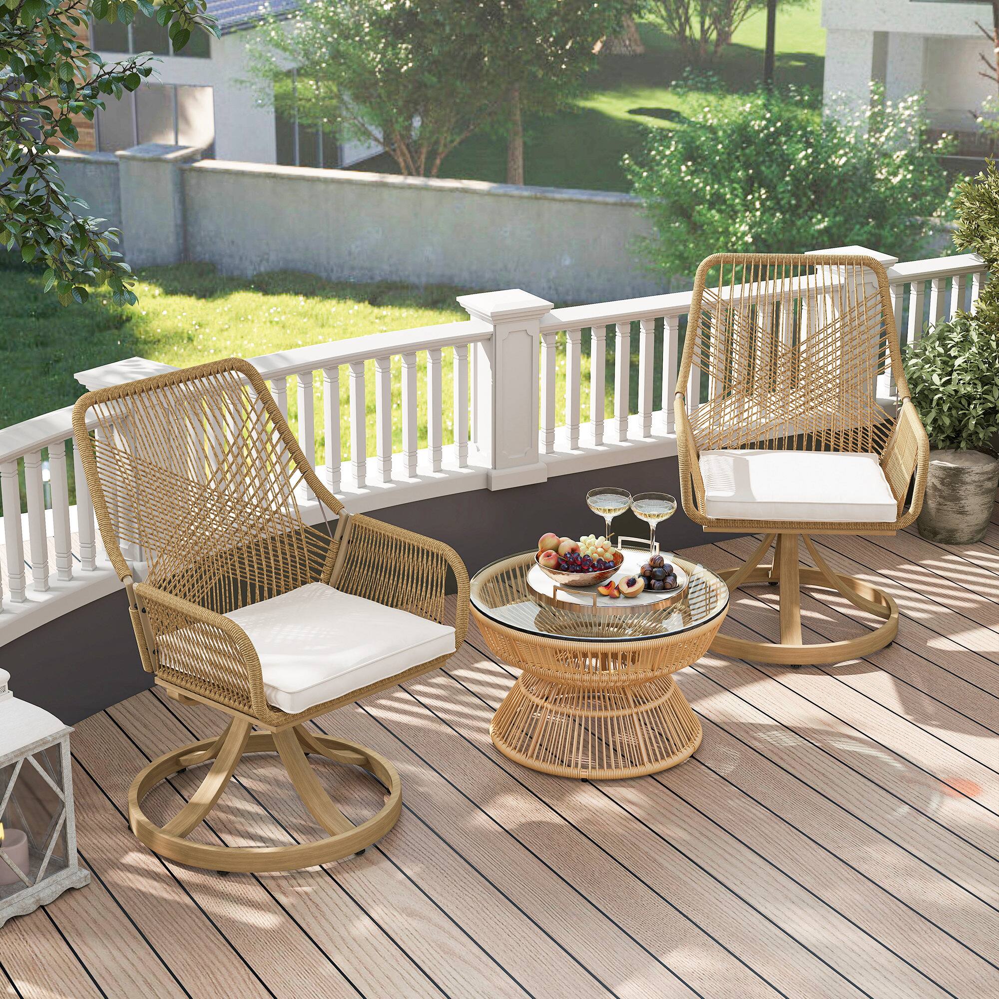 Alt View 7. Outsunny - Swivel Patio Chairs Set of 2, Rattan Outdoor Patio Dining Chairs with Soft Cushions and Metal Frame for Backyard, Lawn - Khaki.