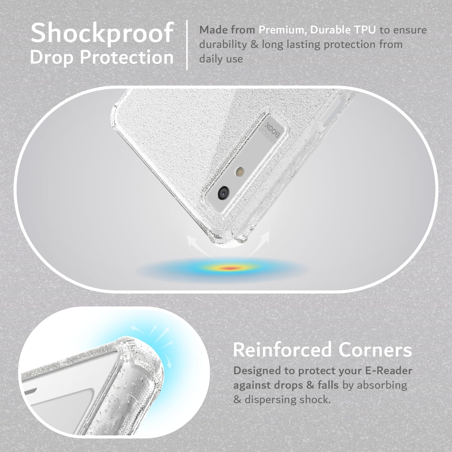 Made from Premium, Durable TPU to ensure durability & long lasting protection from daily use

Shockproof Drop Protection

Reinforced Corners
Designed to protect your E-Reader against drops & falls by absorbing & dispersing shock.