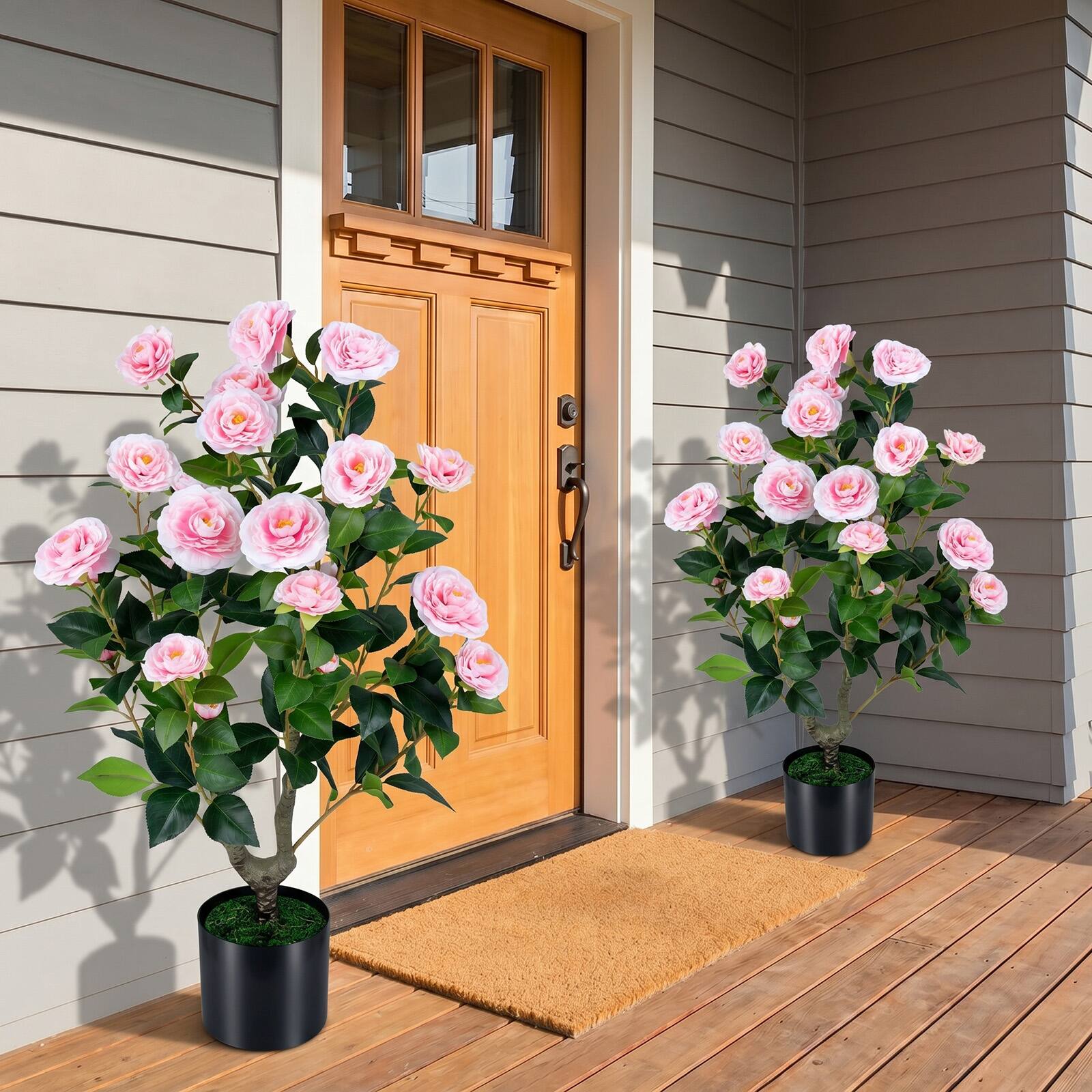 Alt View 1. Costway - Costway Artificial Camellia Tree, Faux Flower Plant in Cement-Filled Pot, Indoor Outdoor - Pink.