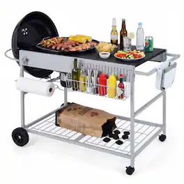 Costway - Outdoor Grill Table for 18" & 22" Weber Original Kettle with Wire Rack, Garbage Can - Silver + Black