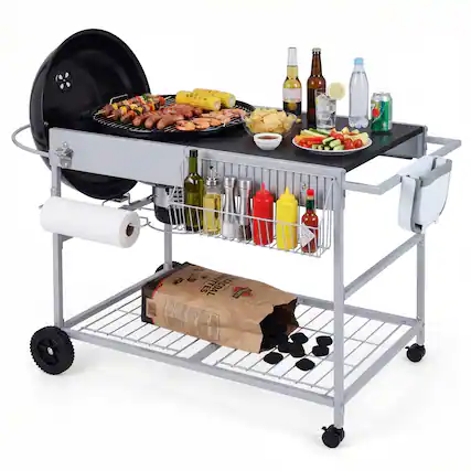 Front. Costway - Costway Outdoor Grill Table for 18" & 22" Weber Original Kettle with Wire Rack, Garbage Can - Silver + Black.