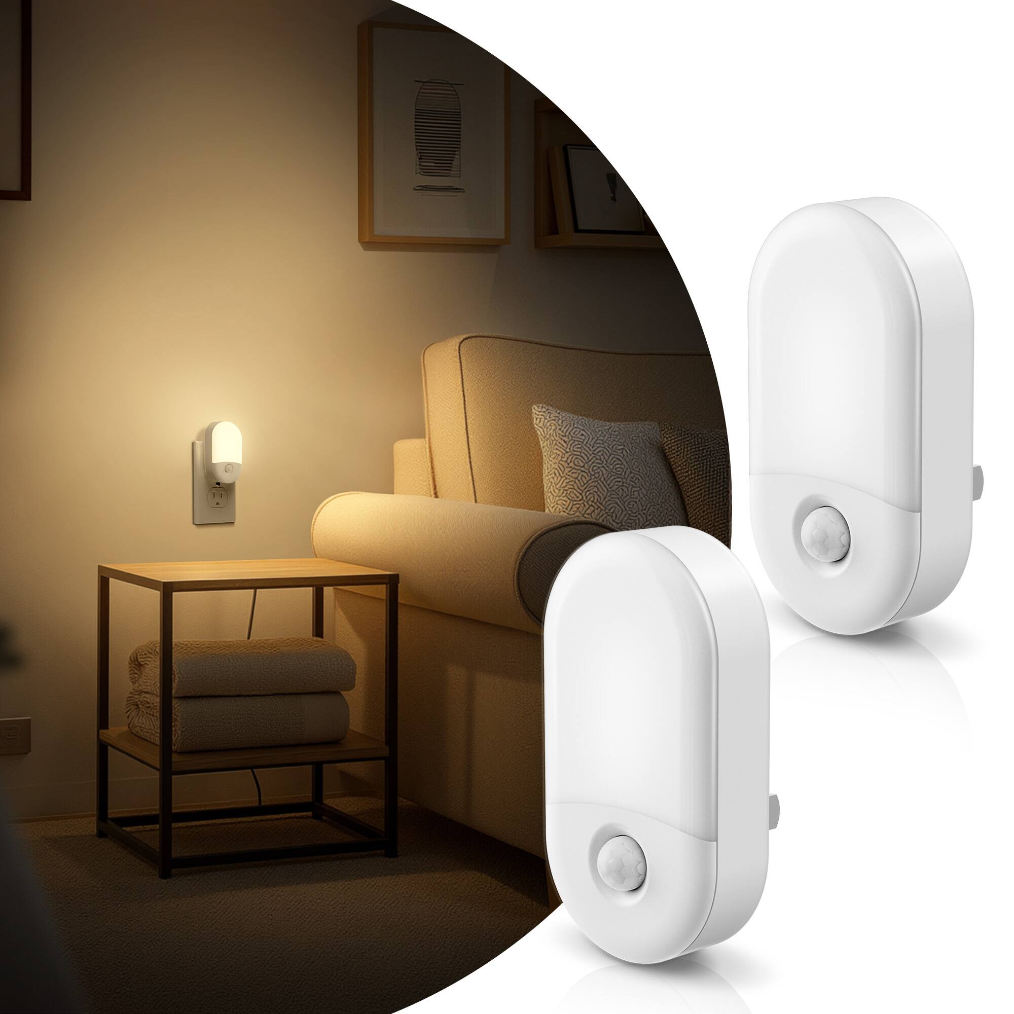 Angle. Jandcase - JANDCASE 2-Pack 0.6W Plug-in Motion Sensor Night Light, 3000K Warm Glow,, 2-Step Dimming, ON/OFF/AUTO - White.