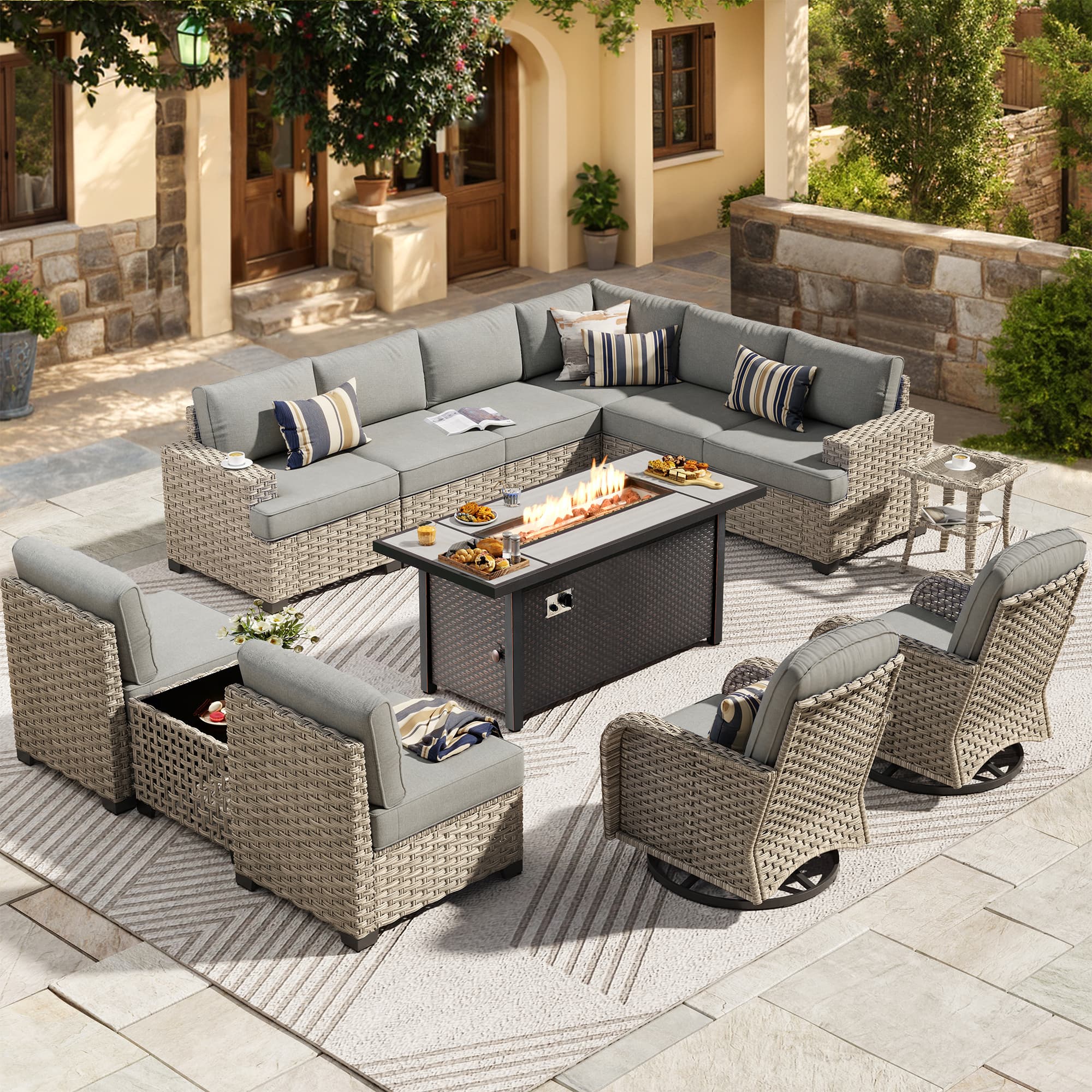 Ovios - 13 PCS Outdoor Patio Furniture Sectional Sofa Set with Swivel Chairs & 54“ Fire Pit Table - Dark Gray