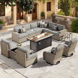 Ovios - 13 PCS Outdoor Patio Furniture Sectional Sofa Set with Swivel Chairs & 54“ Fire Pit Table - Dark Gray