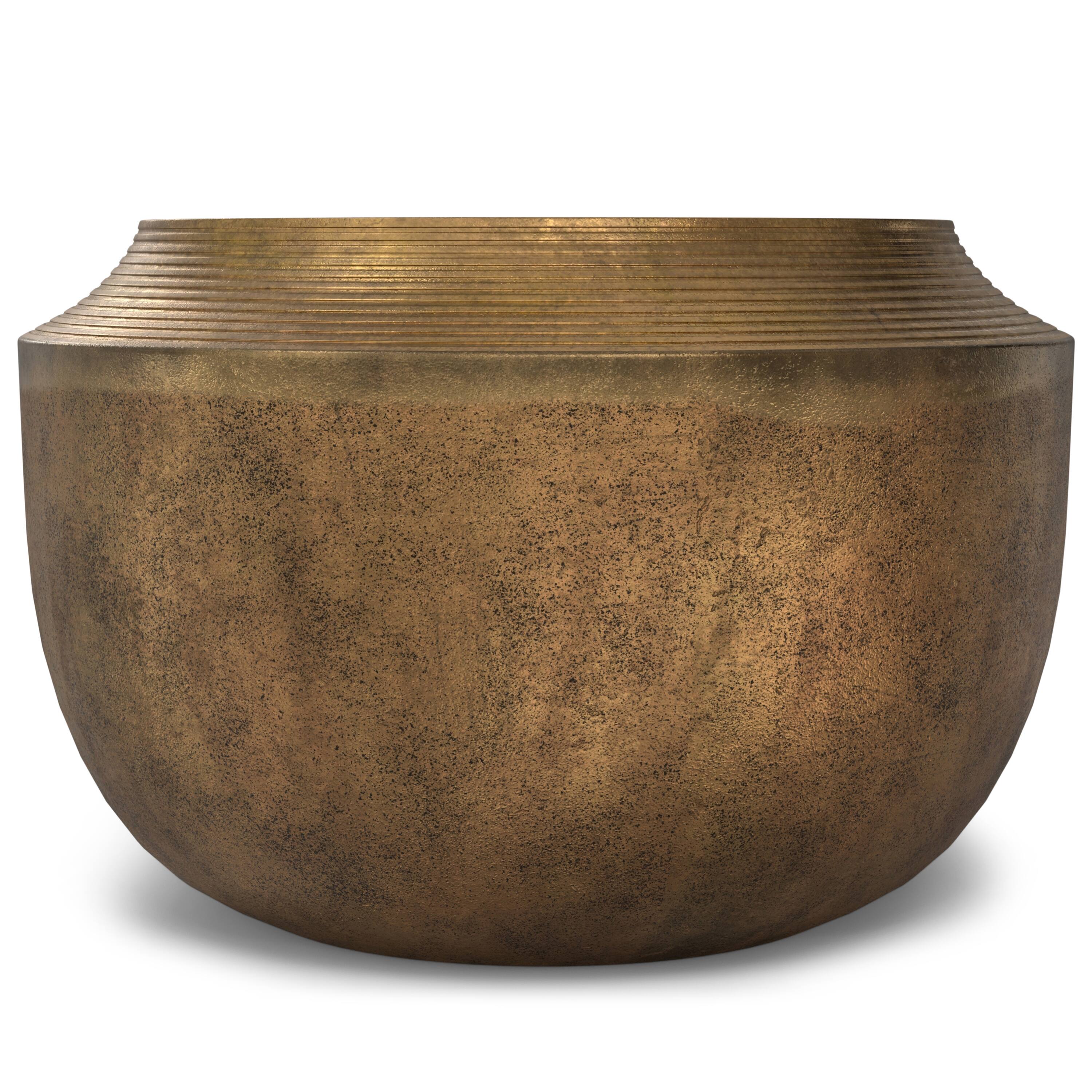 Left. Simpli Home - Timmons 21 inch Wide Round Contemporary Cast Aluminum Coffee Table in Antique Brass, Fully Assembled - Antique Brass.