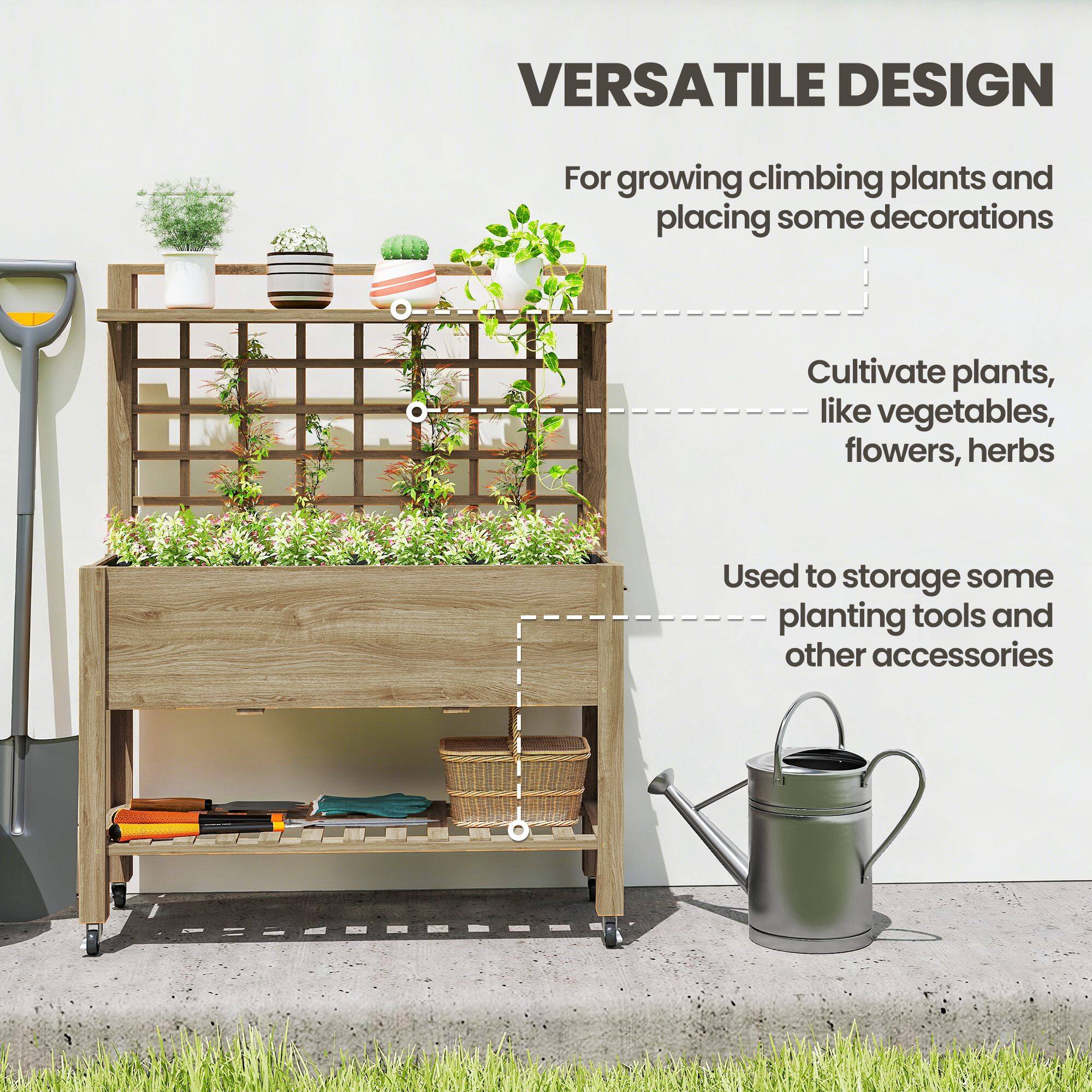 VERSATILE DESIGN

- For growing climbing plants and placing some decorations
- Cultivate plants, like vegetables, flowers, herbs
- Used to store some planting tools and other accessories