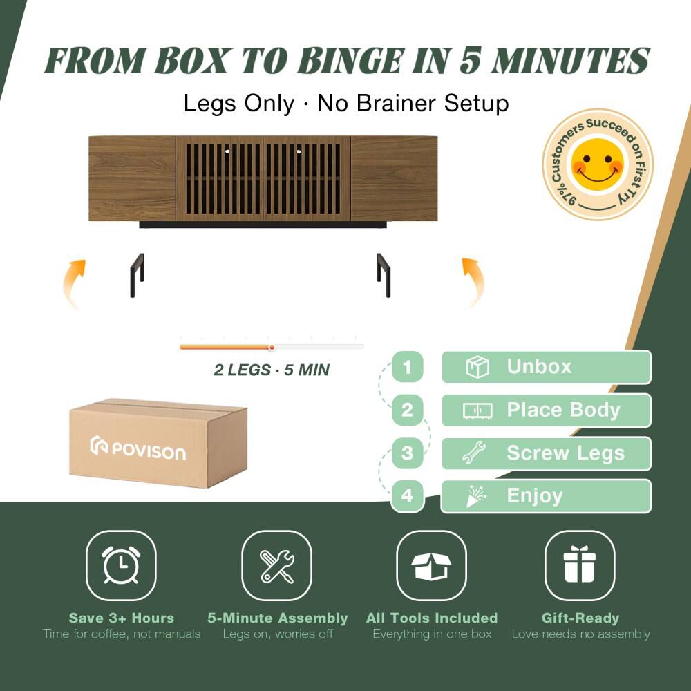 FROM BOX TO BINGE IN 5 MINUTES  
Legs Only • No Brainer Setup  

1. Unbox  
2. Place Body  
3. Screw Legs  
4. Enjoy  

2 LEGS • 5 MIN  

- Save 3+ Hours  
- 5-Minute Assembly  
- All Tools Included  
- Gift-Ready  

Time for coffee, not manuals  
Legs on, worries off  
Everything in one box  
Love needs no assembly  

Customers First on 97%