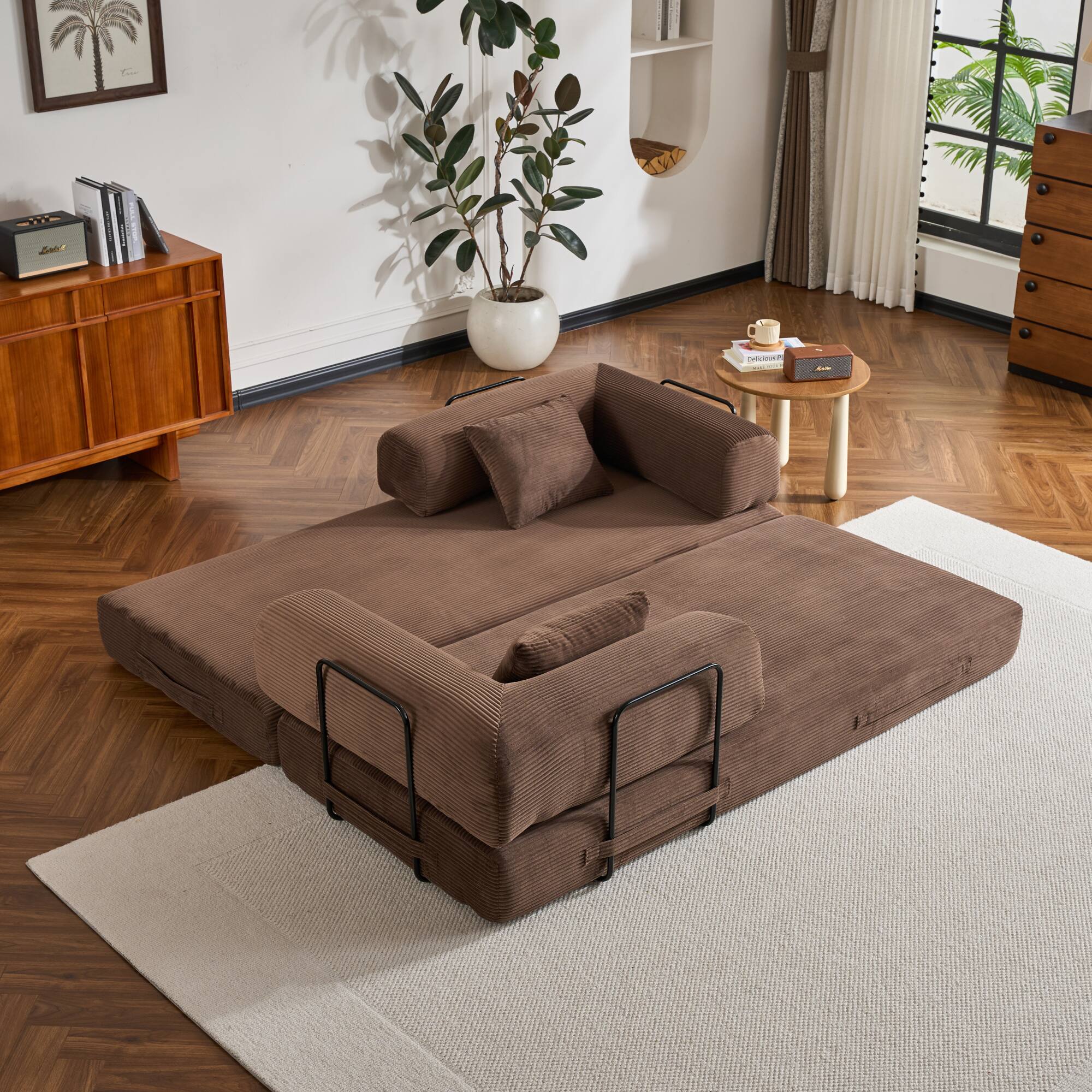 Alt View 1. GOODSILO - Convertible Sleeper Sofa in Cylindroy Fabric | Features a Cylindrical Pillow & Space-Saving Foldable Design - Brown.