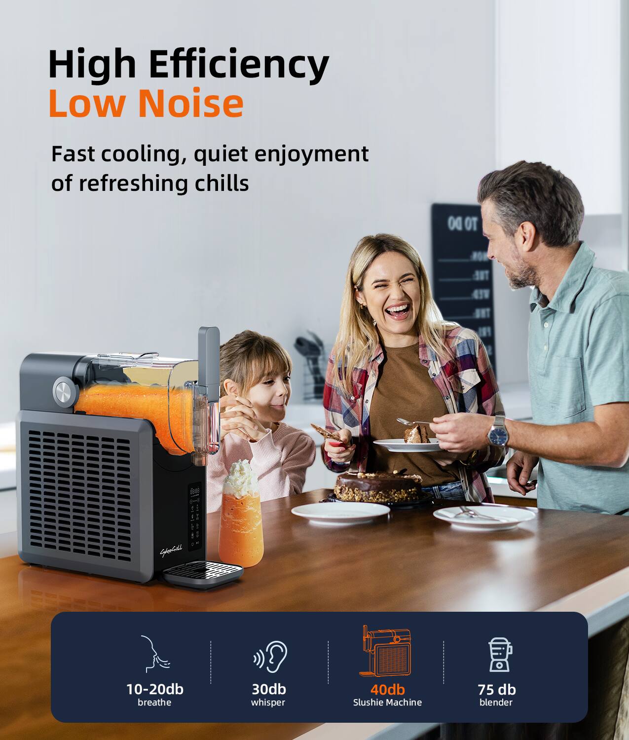 High Efficiency Low Noise Fast Cooling, Quiet Enjoyment of Refreshing Chills. DO THE 457 ONT FRI! Gold 10-20db breathe, 30db whisper, 40db Slushie Machine 75 db blender.