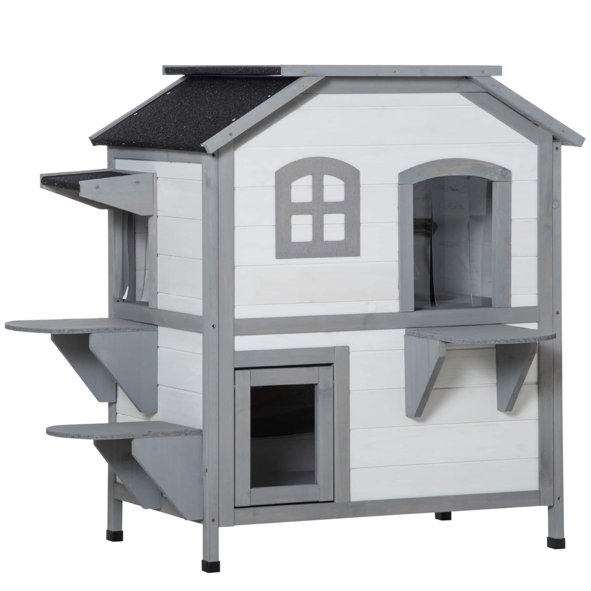 Siljoy - 2‑Story Cat House with Asphalt Roof, Escape Door & Openable Top, Outdoor Catio for 1‑2 Cats