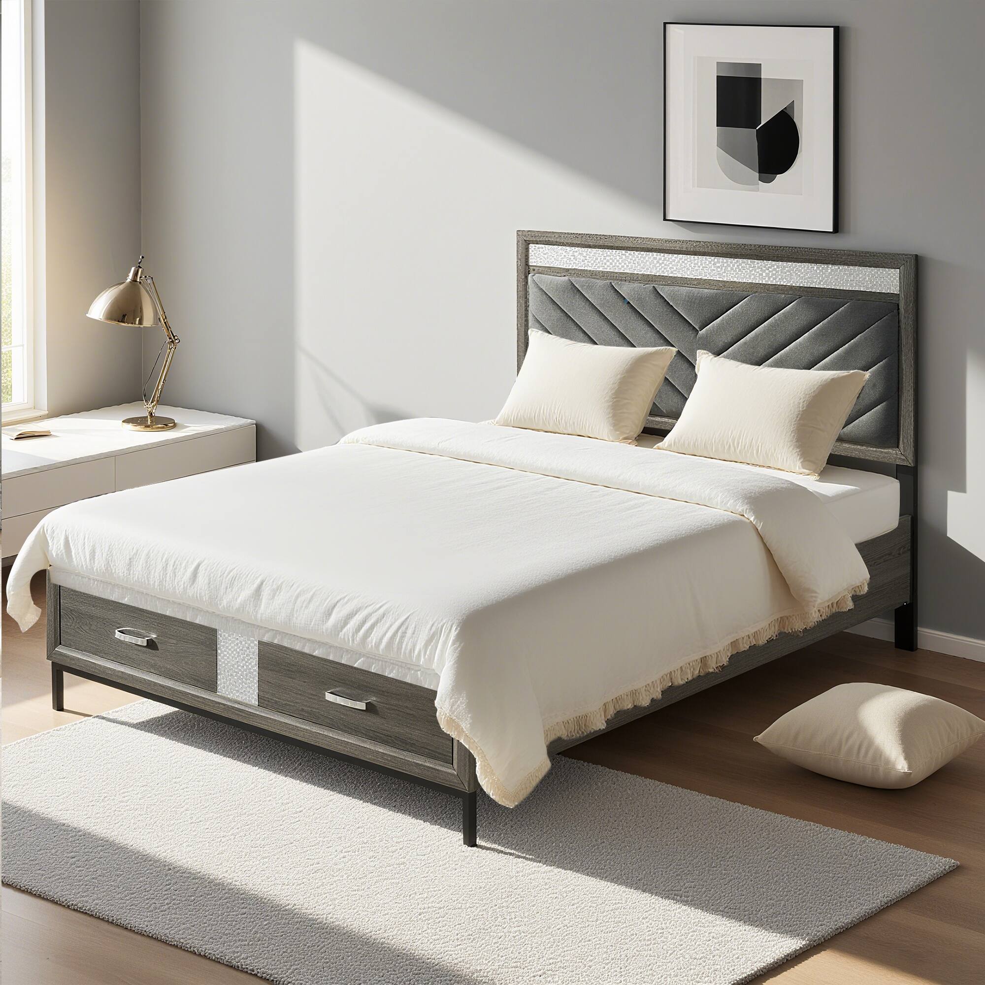 Back. Vaczon - Modern Upholstered Storage Platform Bed Frame with Footboard Drawers, Padded Headboard and Solid Slat Support - Gray.