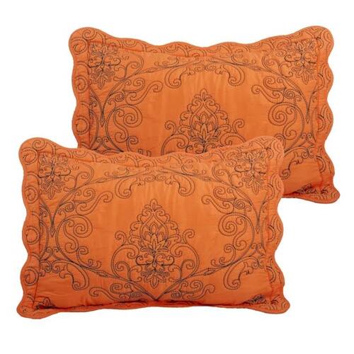 Back. Hivvago - Queen size Orange Nectarine Damask Embroidered 4 Piece Oversized Bedspread Set - Orange.