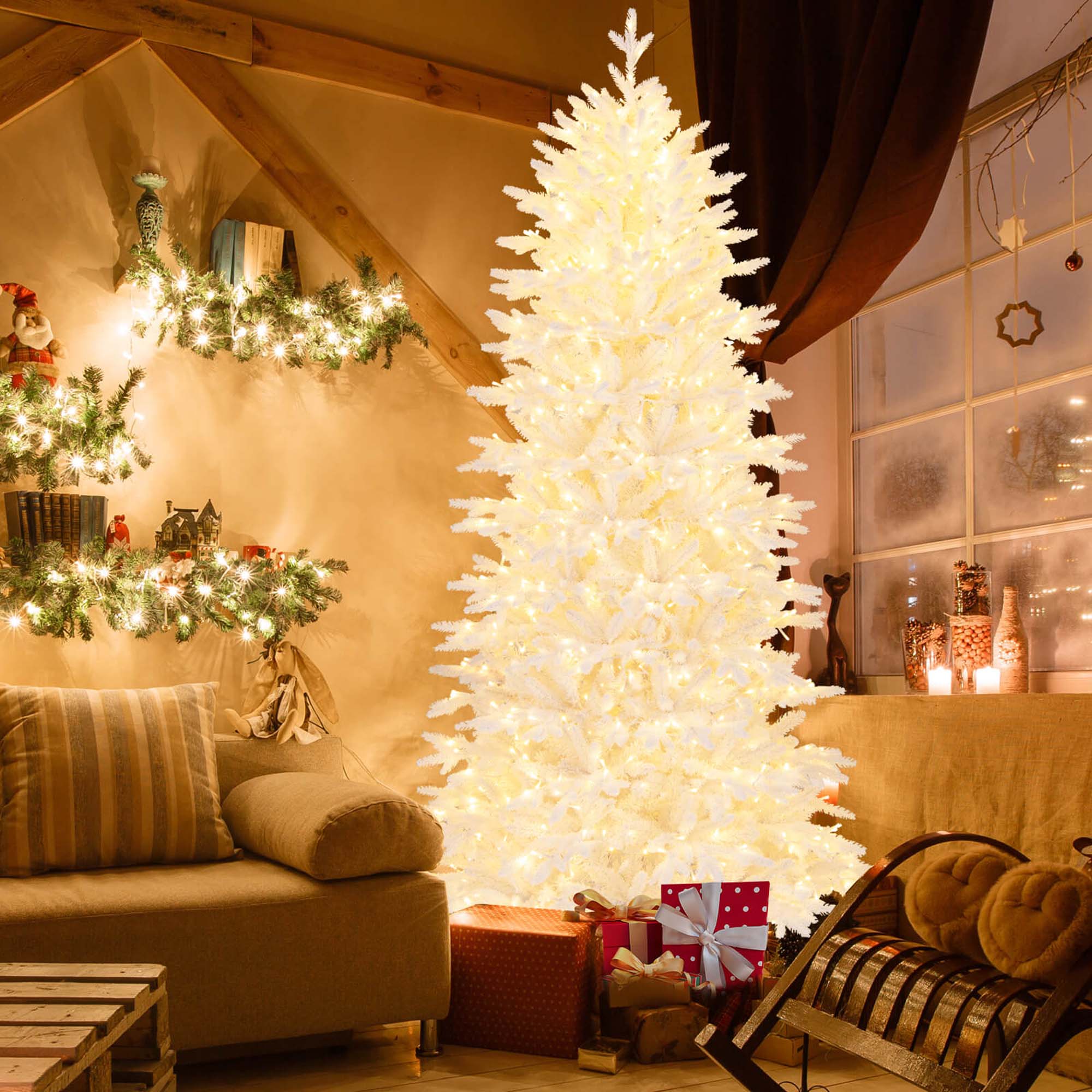 Alt View 1. Costway - Costway 7 FT Artificial Xmas Tree with 1880 PE PVC Branch Tips 900 Warm White LED Lights - White.